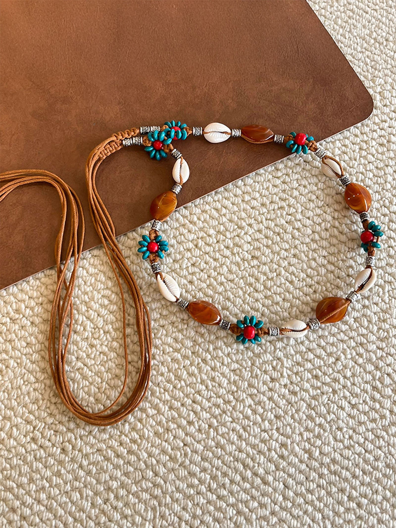 Bohemian Hand-Woven Waxed Cord Waist Rope With Natural Stone & Wood Beads
