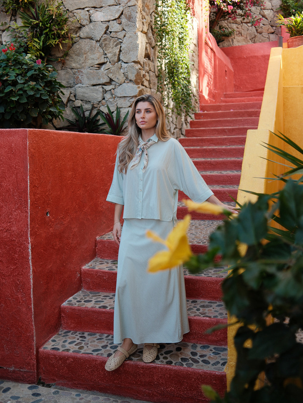 Boxy Dolman Sleeve Crinkle Blouse-Mint Green-1