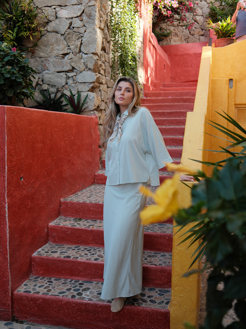 Boxy Dolman Sleeve Crinkle Blouse-Mint Green-3