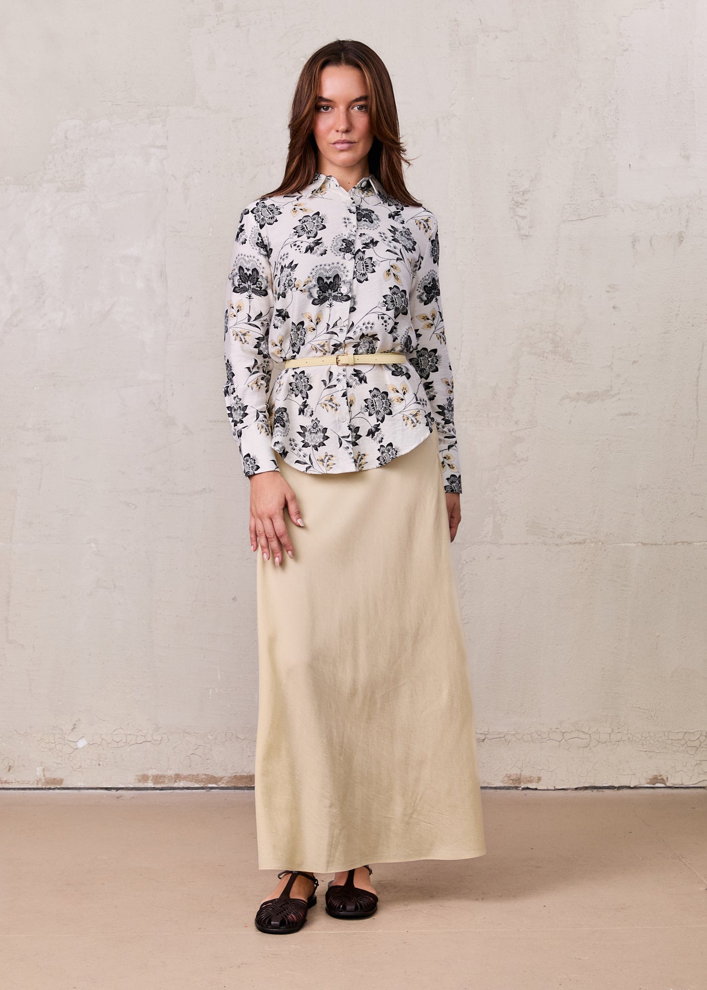 Button Down Collared Blouse-Black/White Floral-1