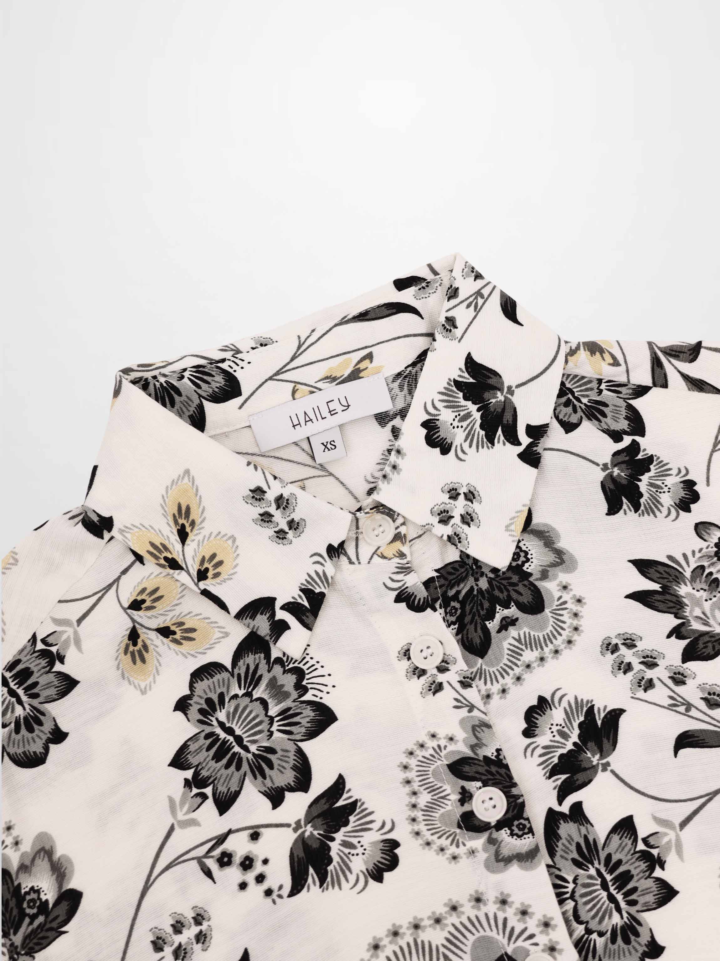 Button Down Collared Blouse-Black/White Floral-4