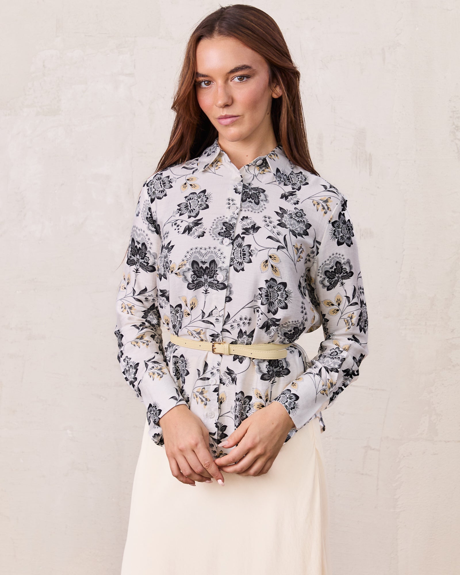 Button Down Collared Blouse-Black/White Floral-0