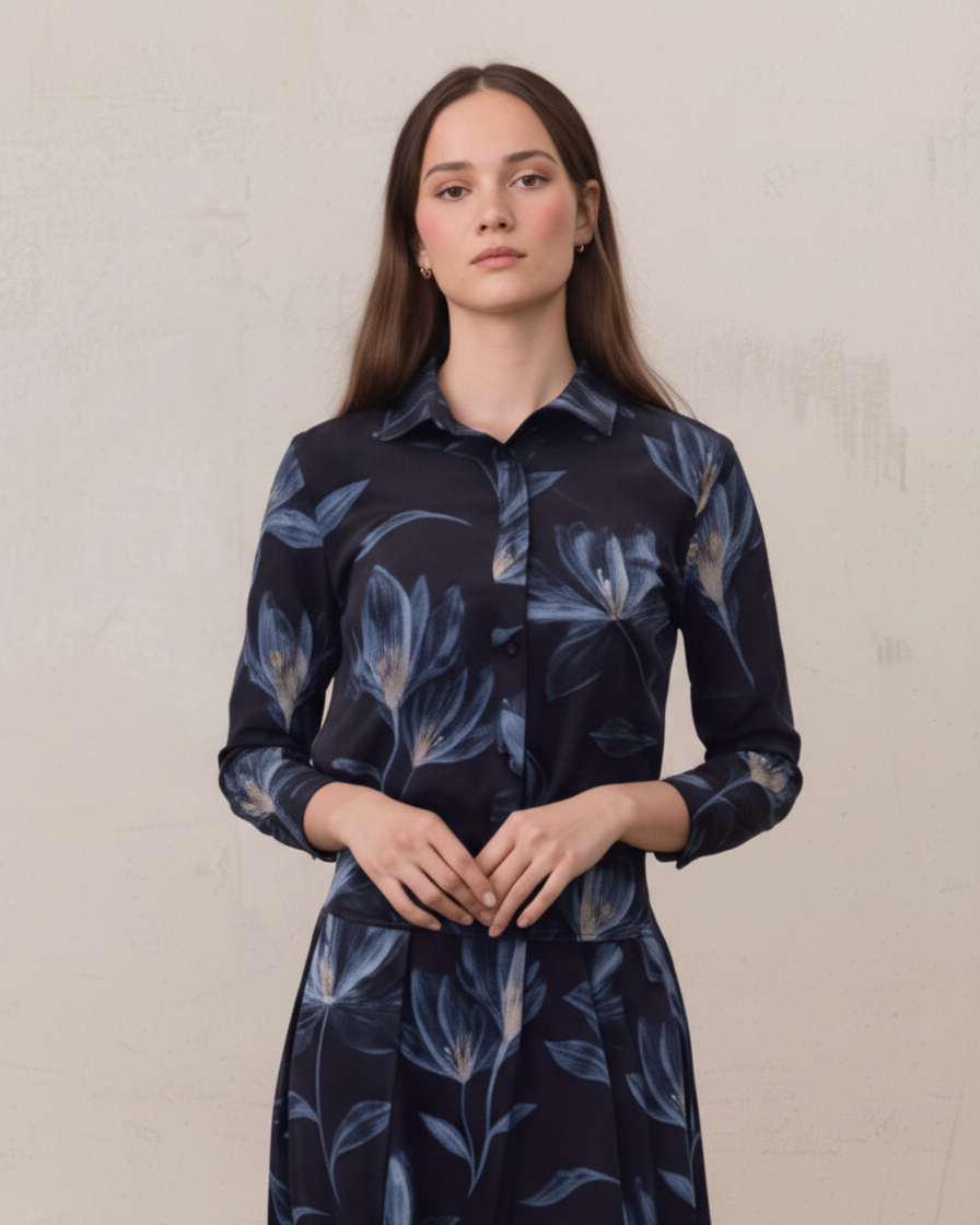 Button Down Collared Blouse-Blue Floral-0