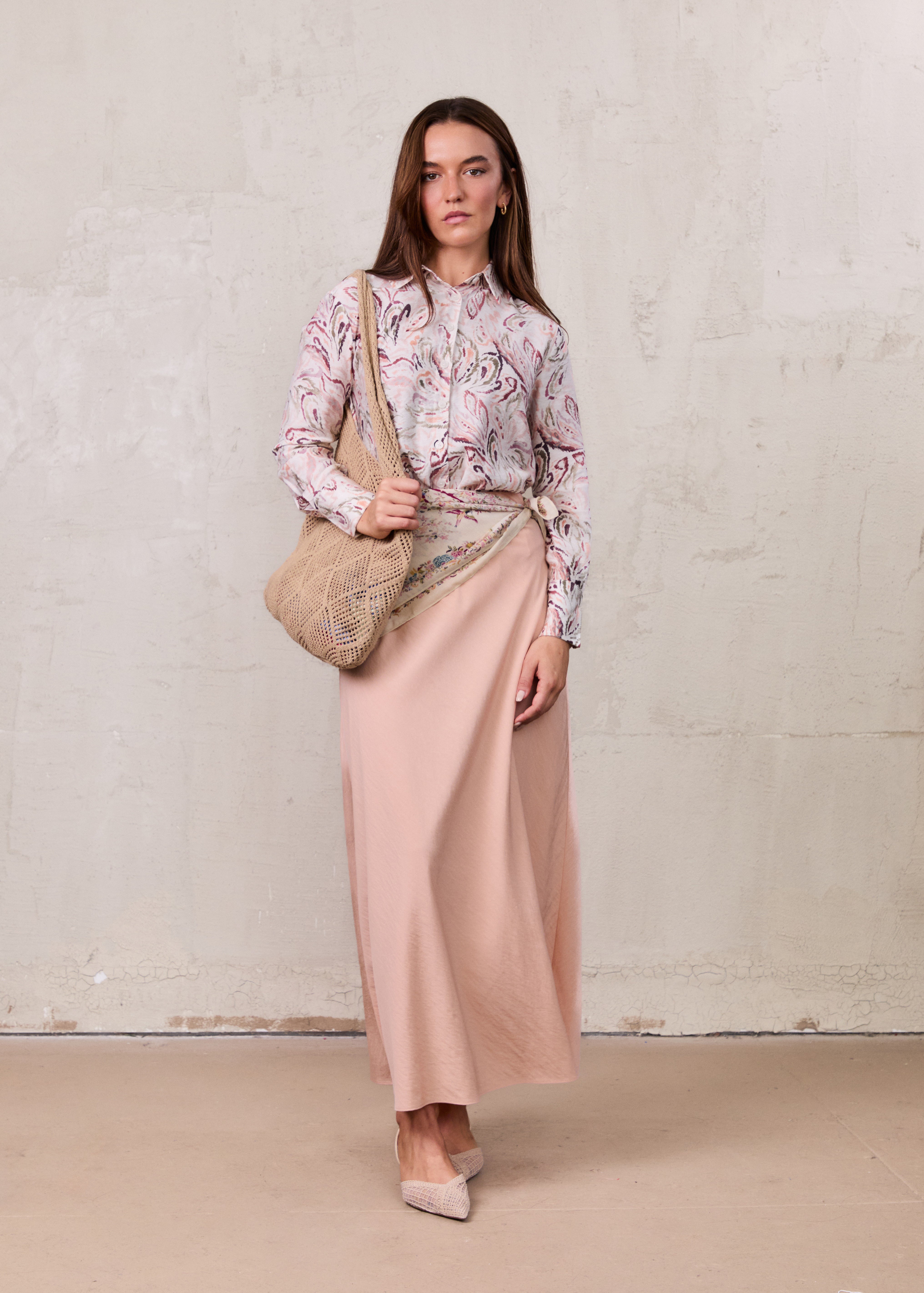 Button Down Collared Blouse-Peach Sketch-1