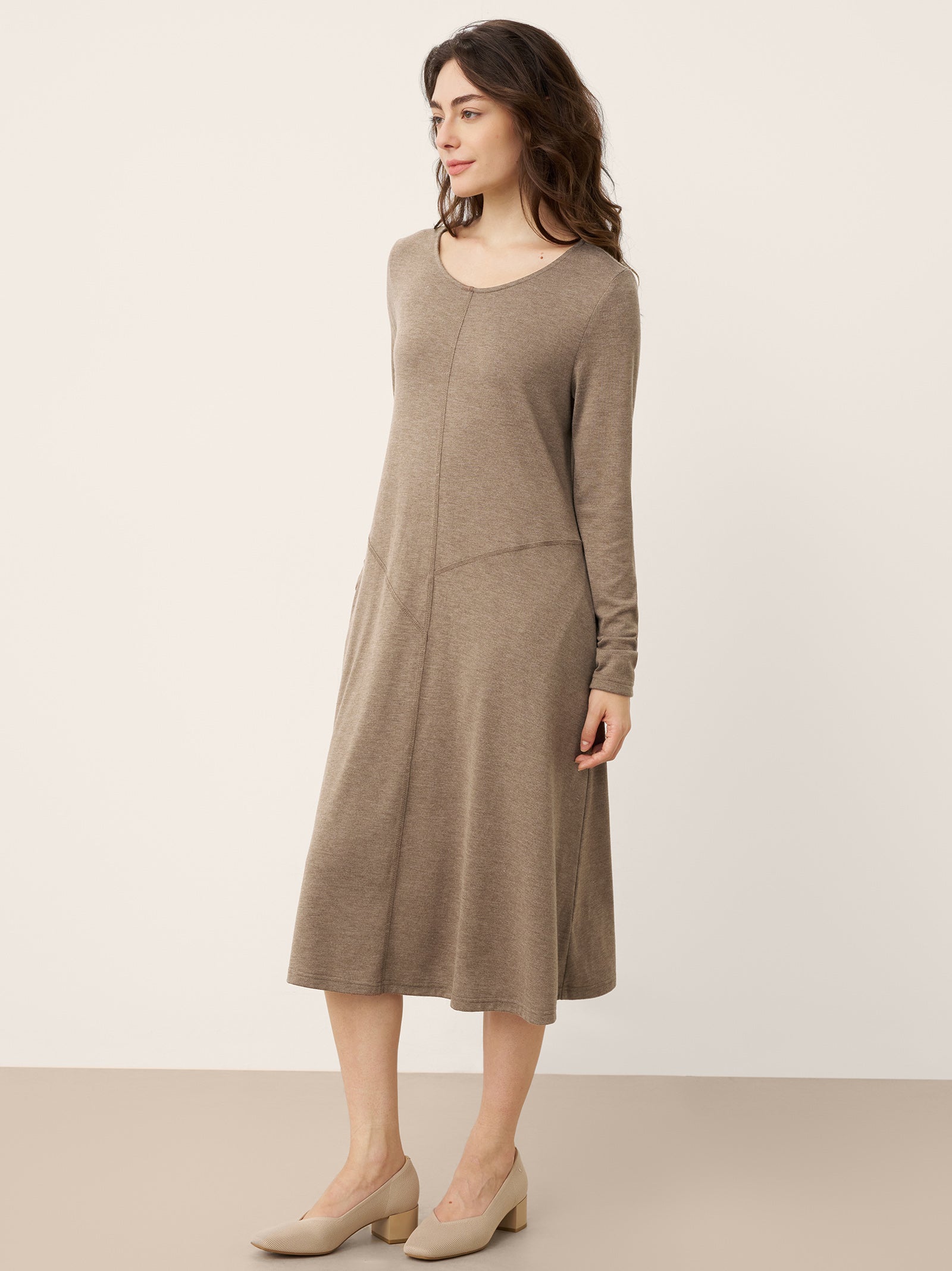 Cashmere Crew Neck Sculpted Seam A-Line Midi Dress HARLOW