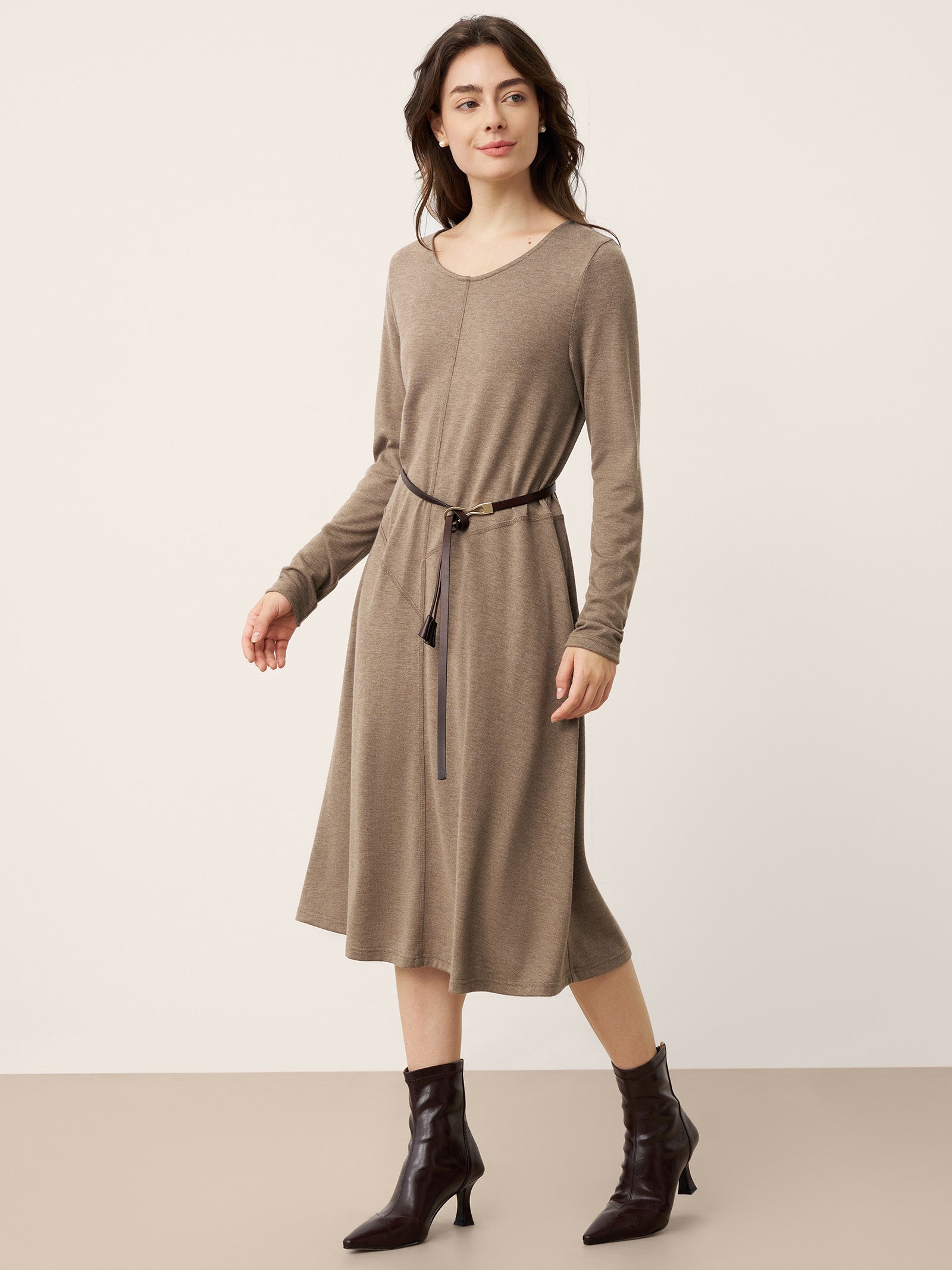 Cashmere Crew Neck Sculpted Seam A-Line Midi Dress HARLOW