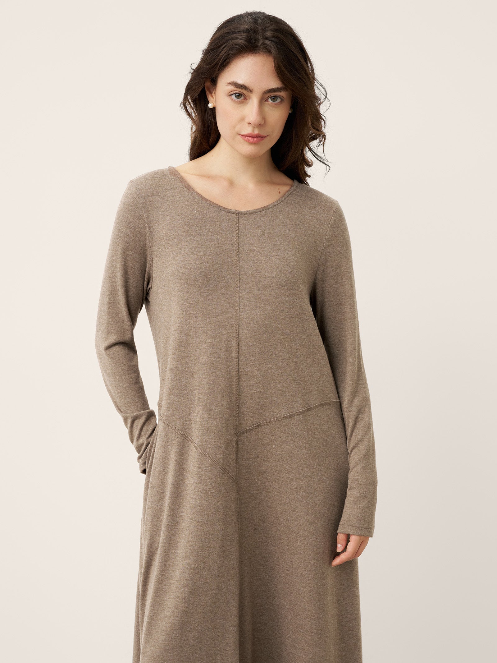 Cashmere Crew Neck Sculpted Seam A-Line Midi Dress HARLOW