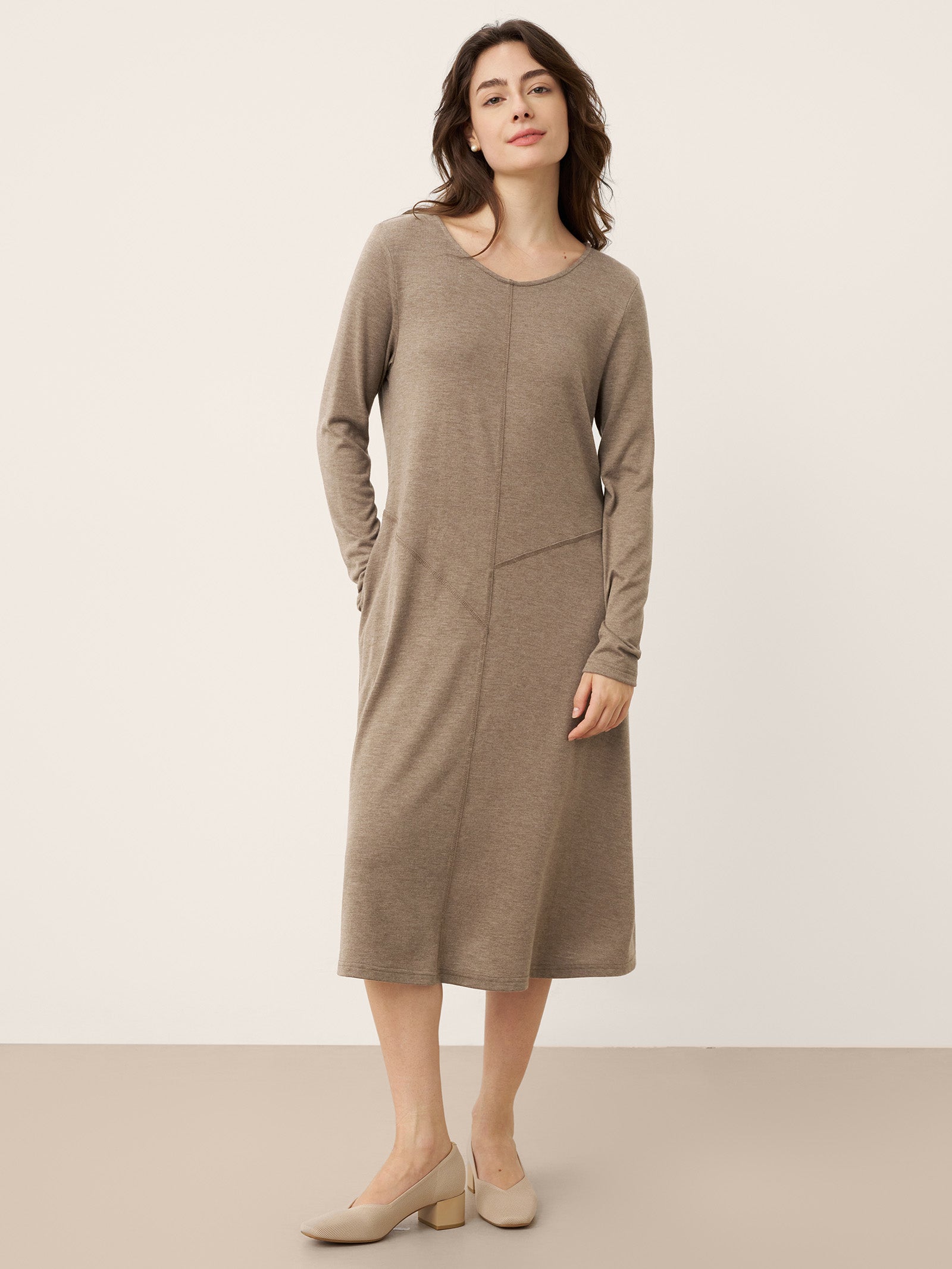 Cashmere Crew Neck Sculpted Seam A-Line Midi Dress HARLOW