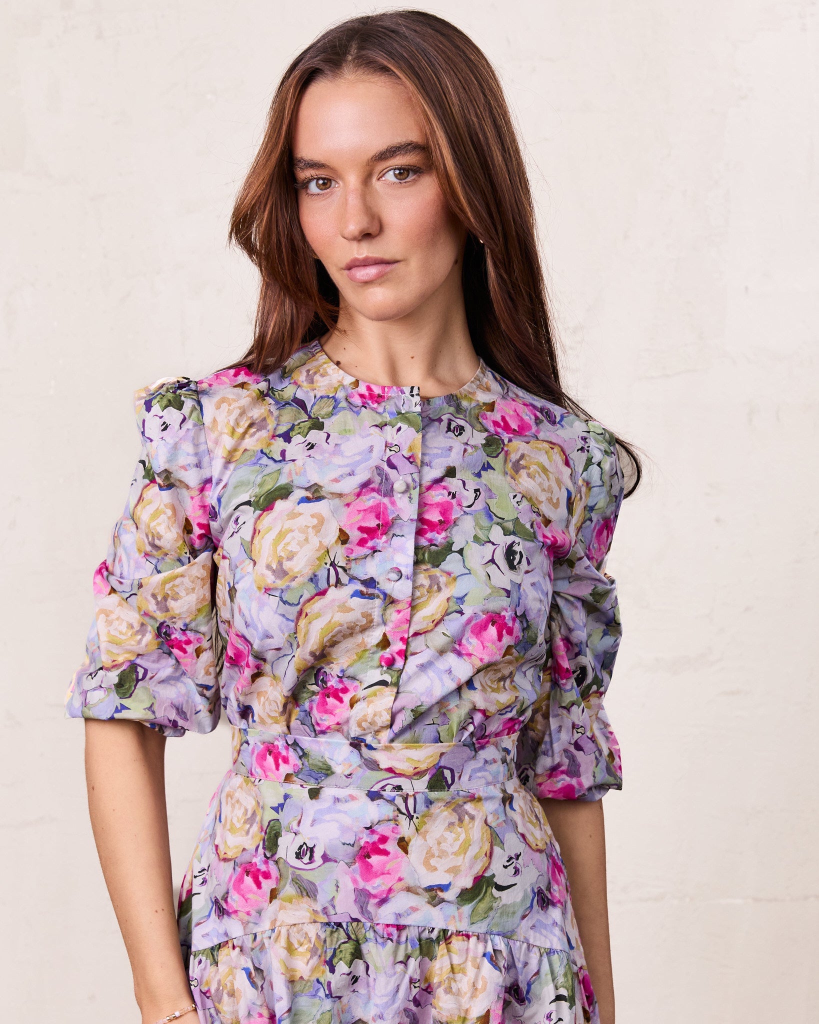 Crew Neck Button Down Blouse-Pink/Purple-0