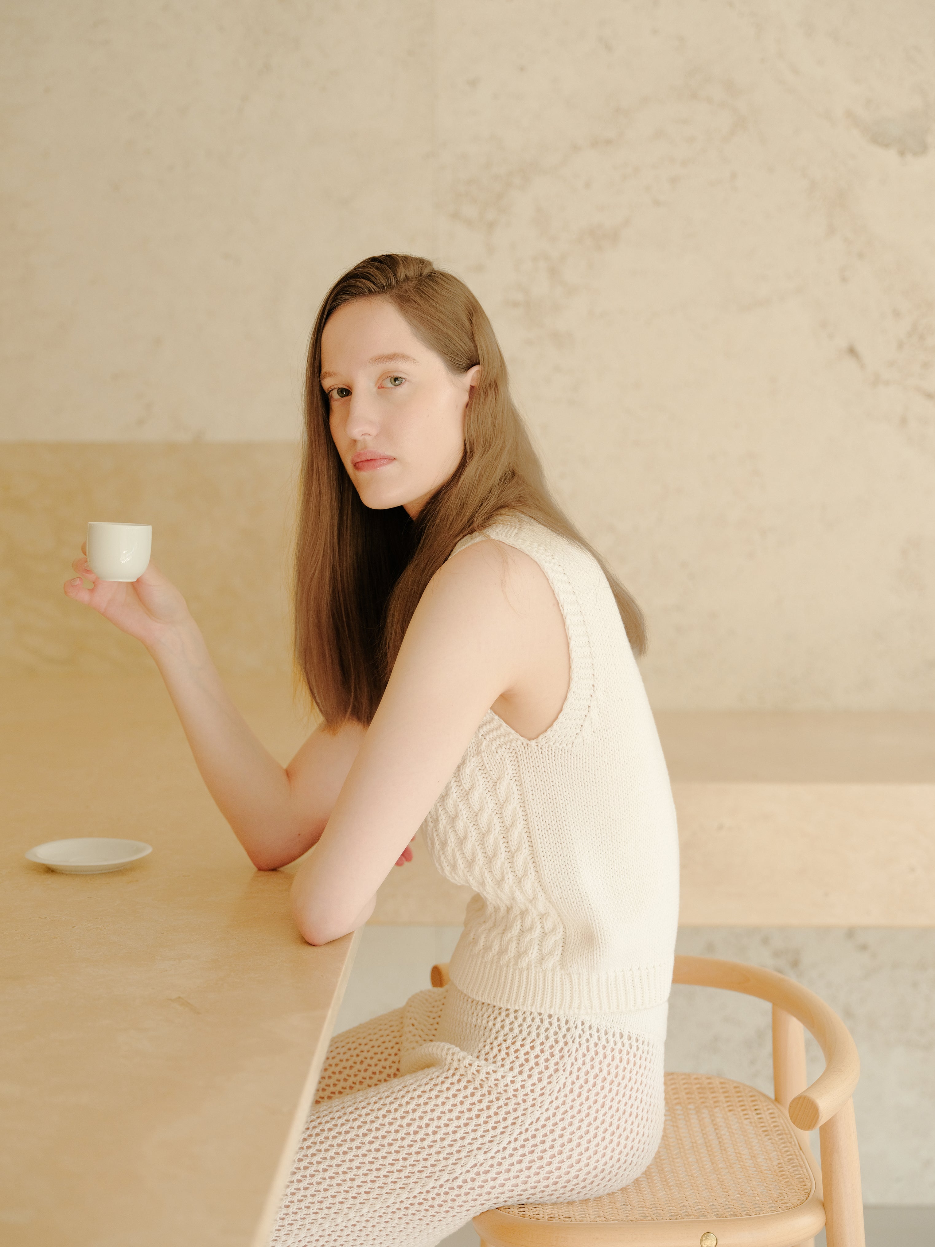 Fine Cotton Cable Tank Top (3d-Knit)