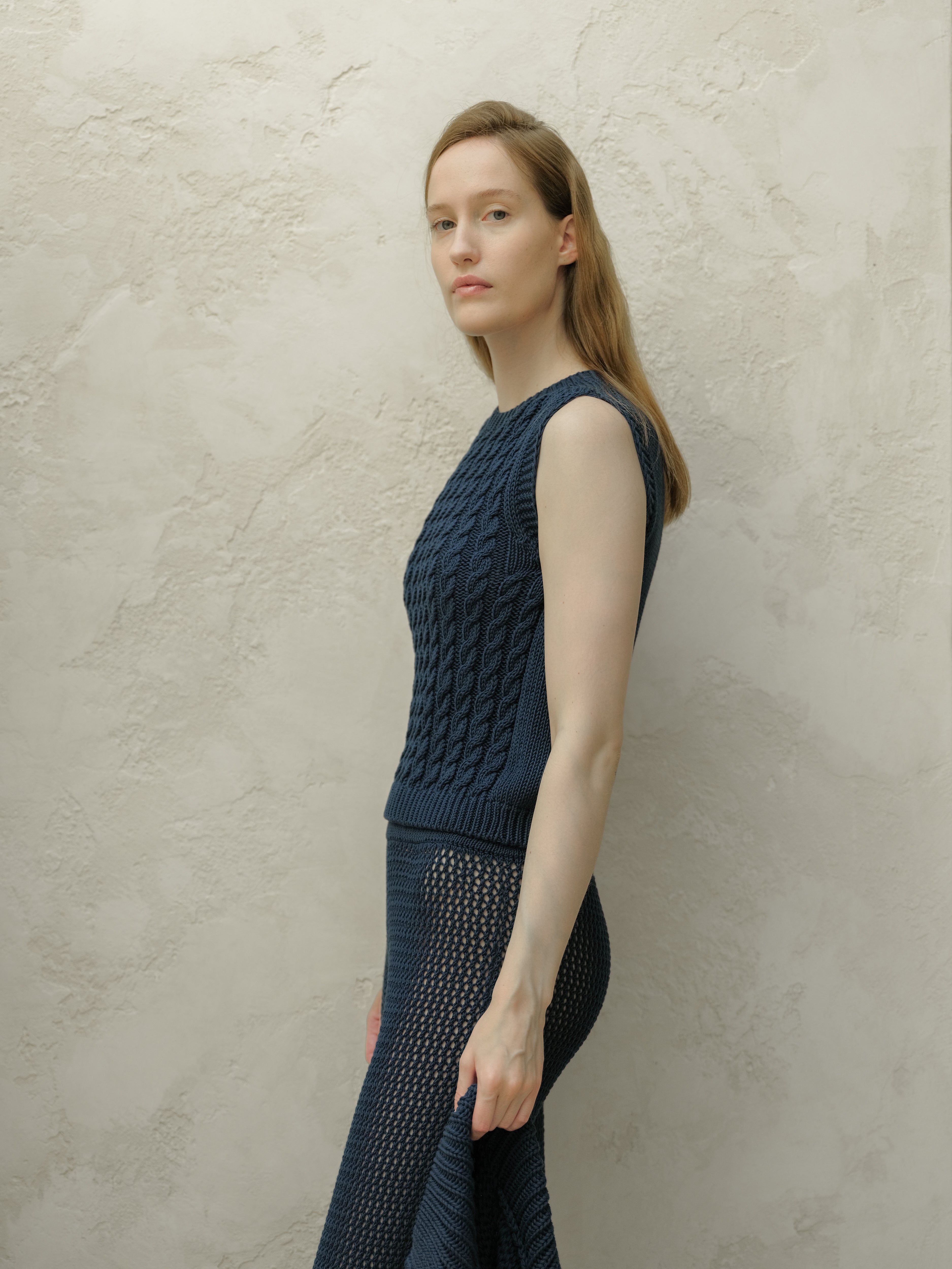 Fine Cotton Cable Tank Top (3d-Knit)