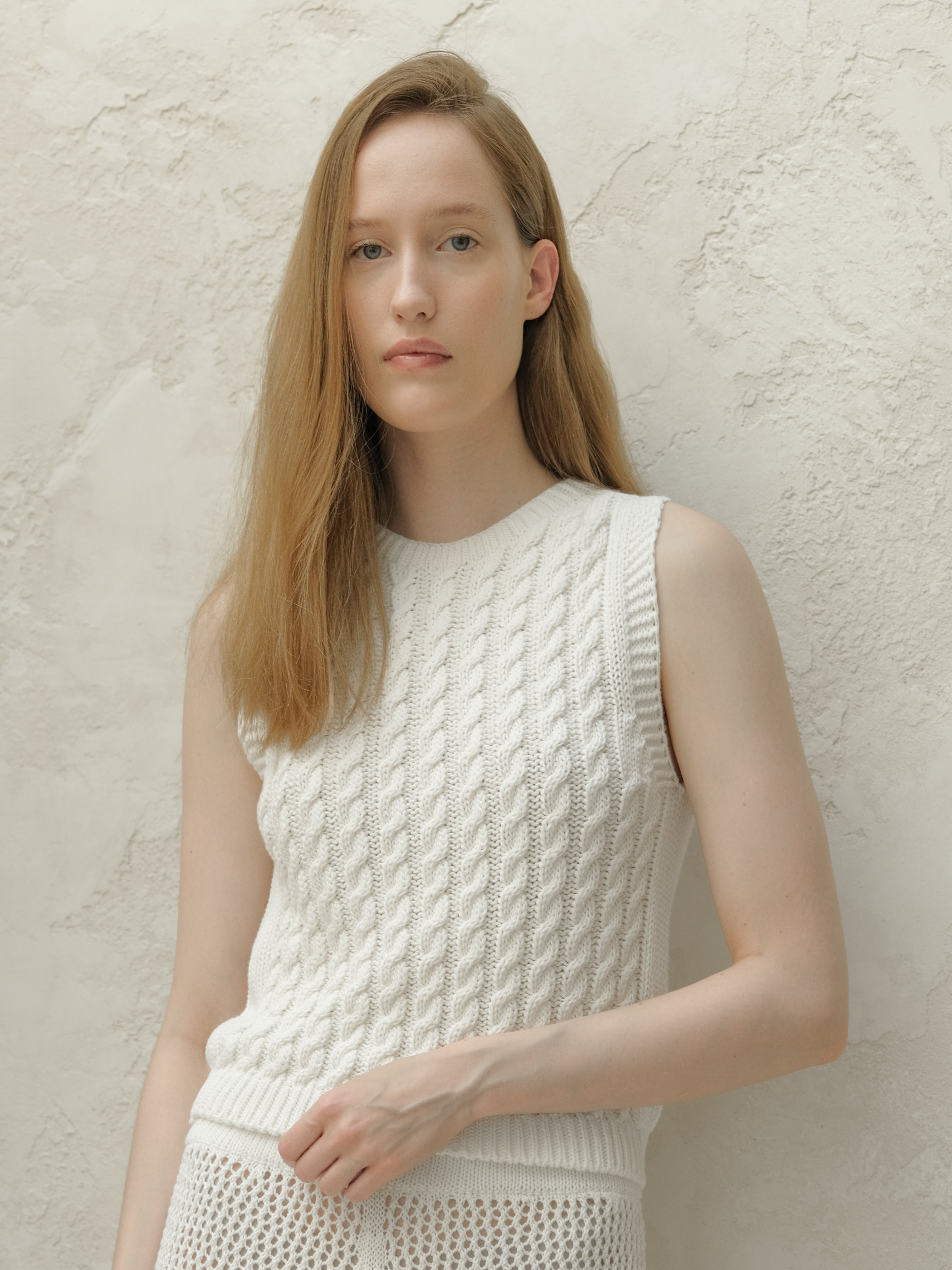 Fine Cotton Cable Tank Top (3d-Knit)