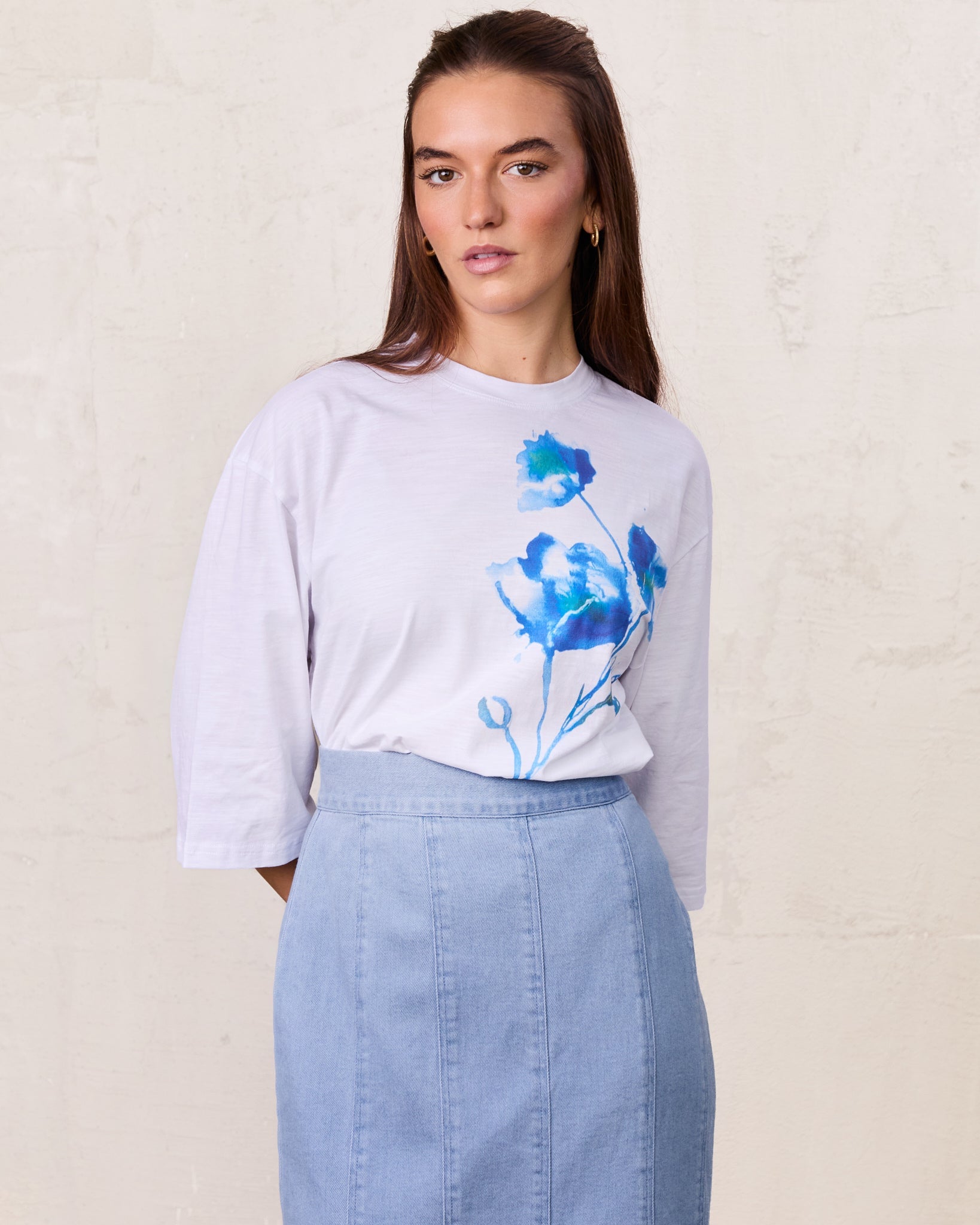 Floral Motif Oversized Tee-Blue-0