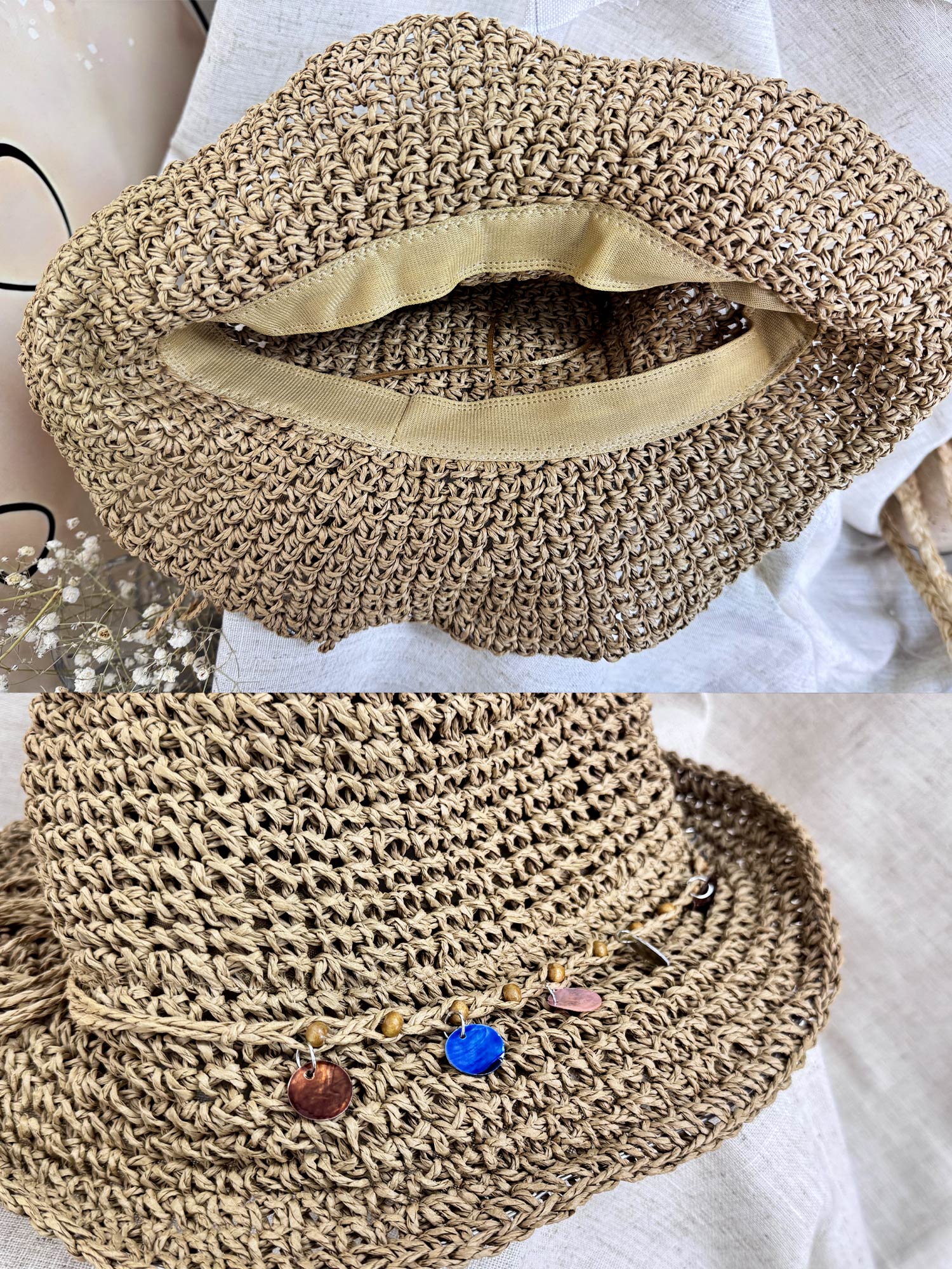 Foldable Wide Brim Straw Hat with Shell Decor