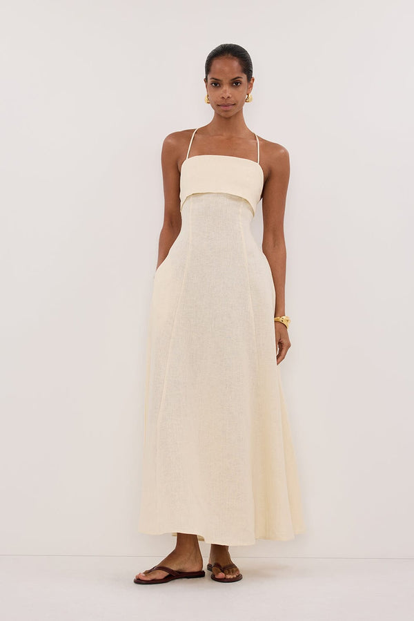 Ivory Linen Maxi Dress With Open Back