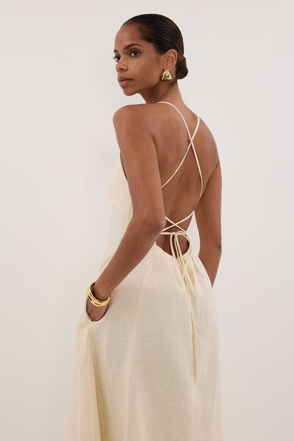 Ivory Linen Maxi Dress With Open Back
