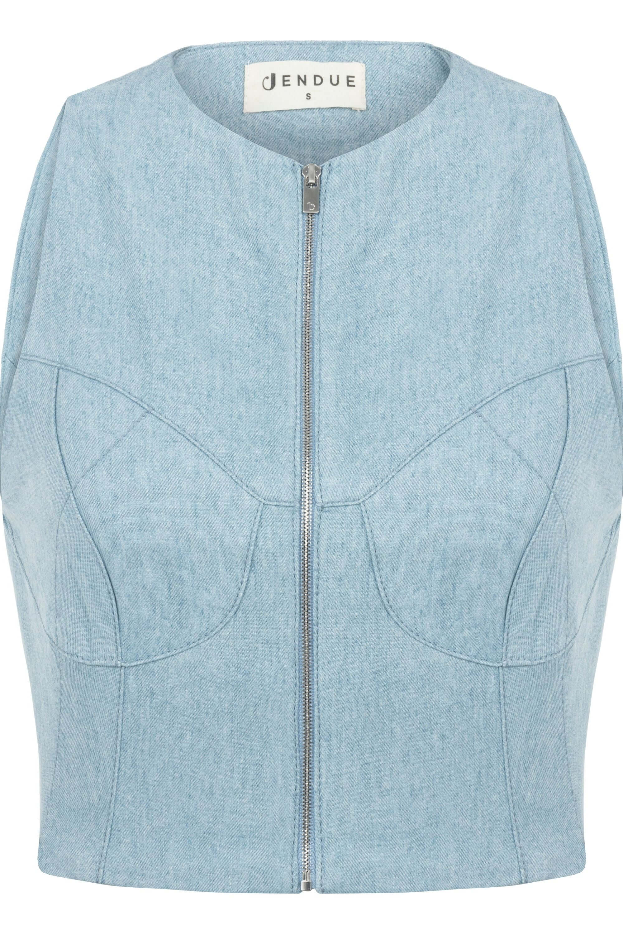 Jendue Marvel Denim Top - Light Blue Zip-Up Bustier