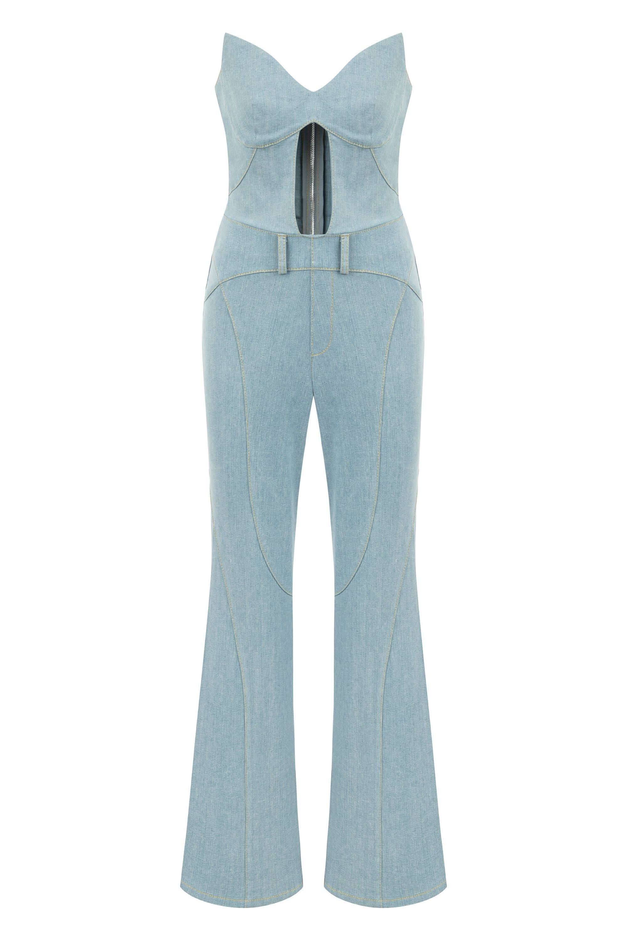 Jendue Marvel Maxi Denim Jumpsuit - Strapless, Cut-Out
