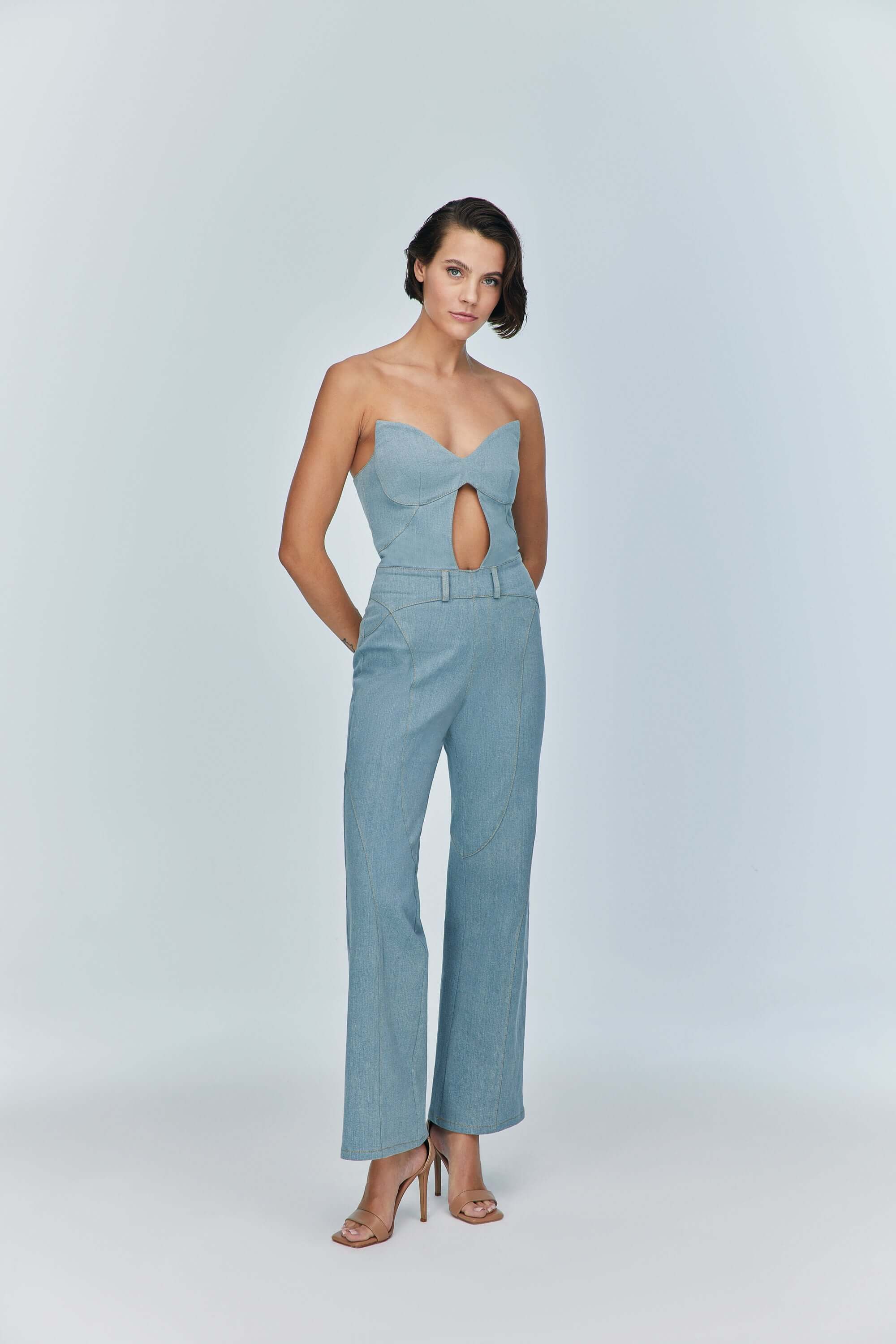 Jendue Marvel Maxi Denim Jumpsuit - Strapless, Cut-Out