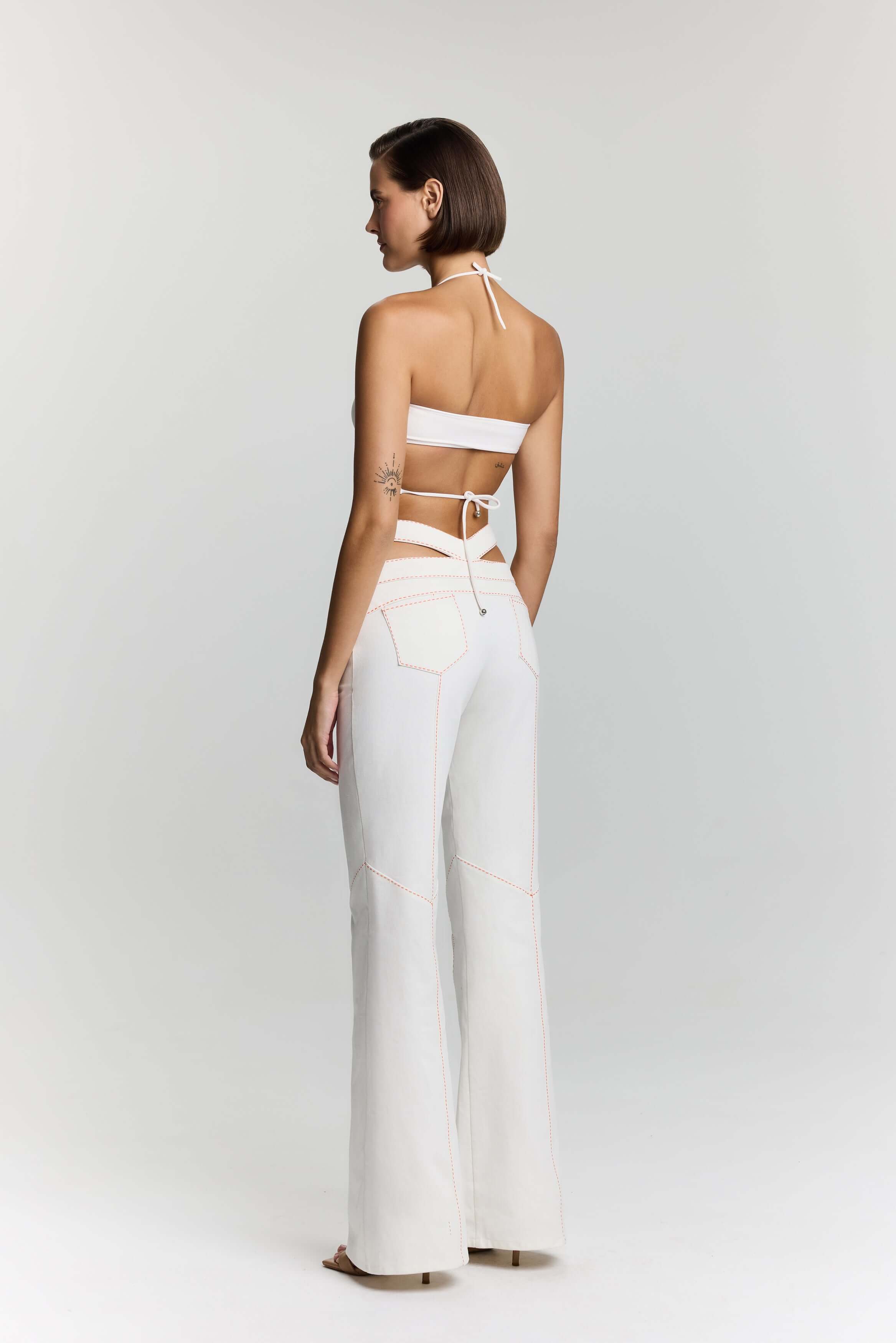 Jendue Neo Denim Jersey Crop Top - White Halter Cut-Out