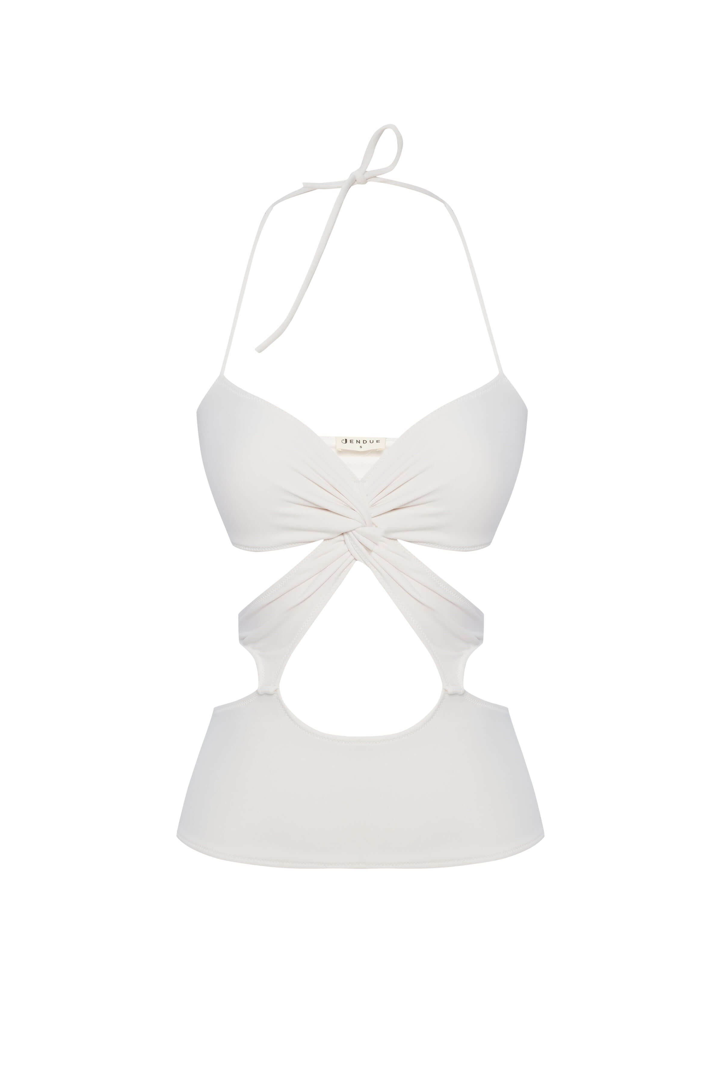 Jendue Neo Denim Jersey Crop Top - White Halter Cut-Out