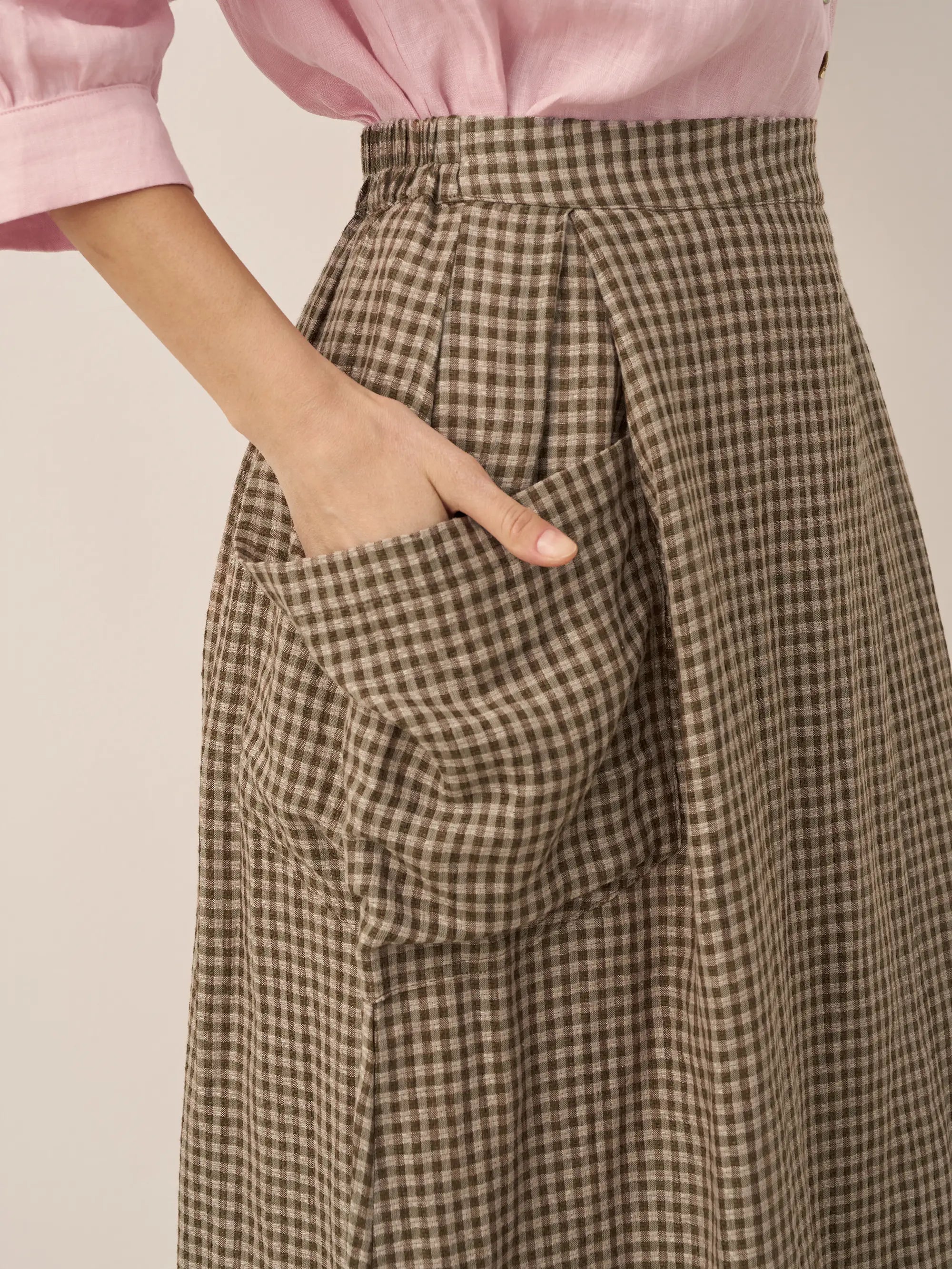 Linen Checked Elastic Waist Skirt ONYX