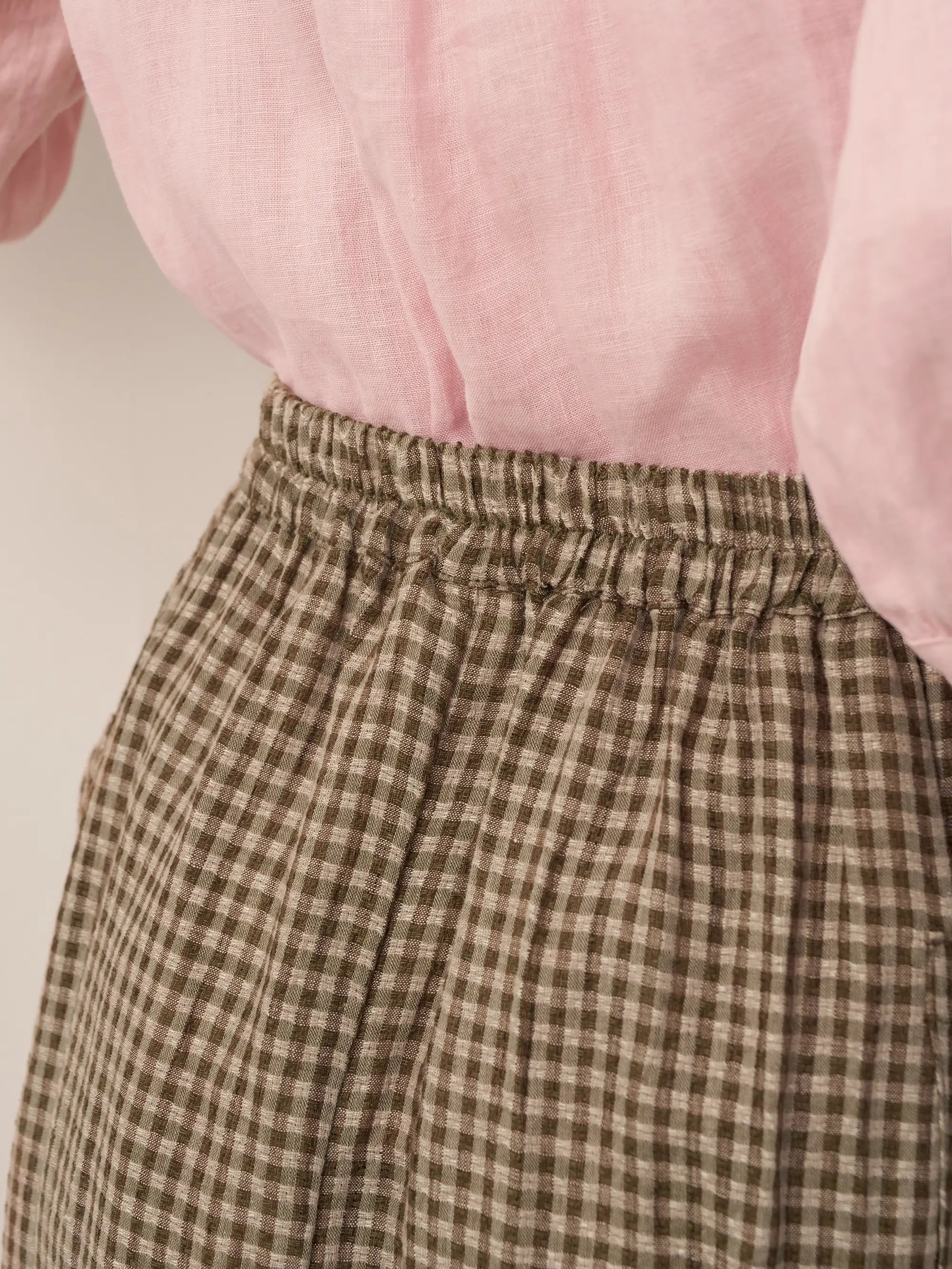 Linen Checked Elastic Waist Skirt ONYX