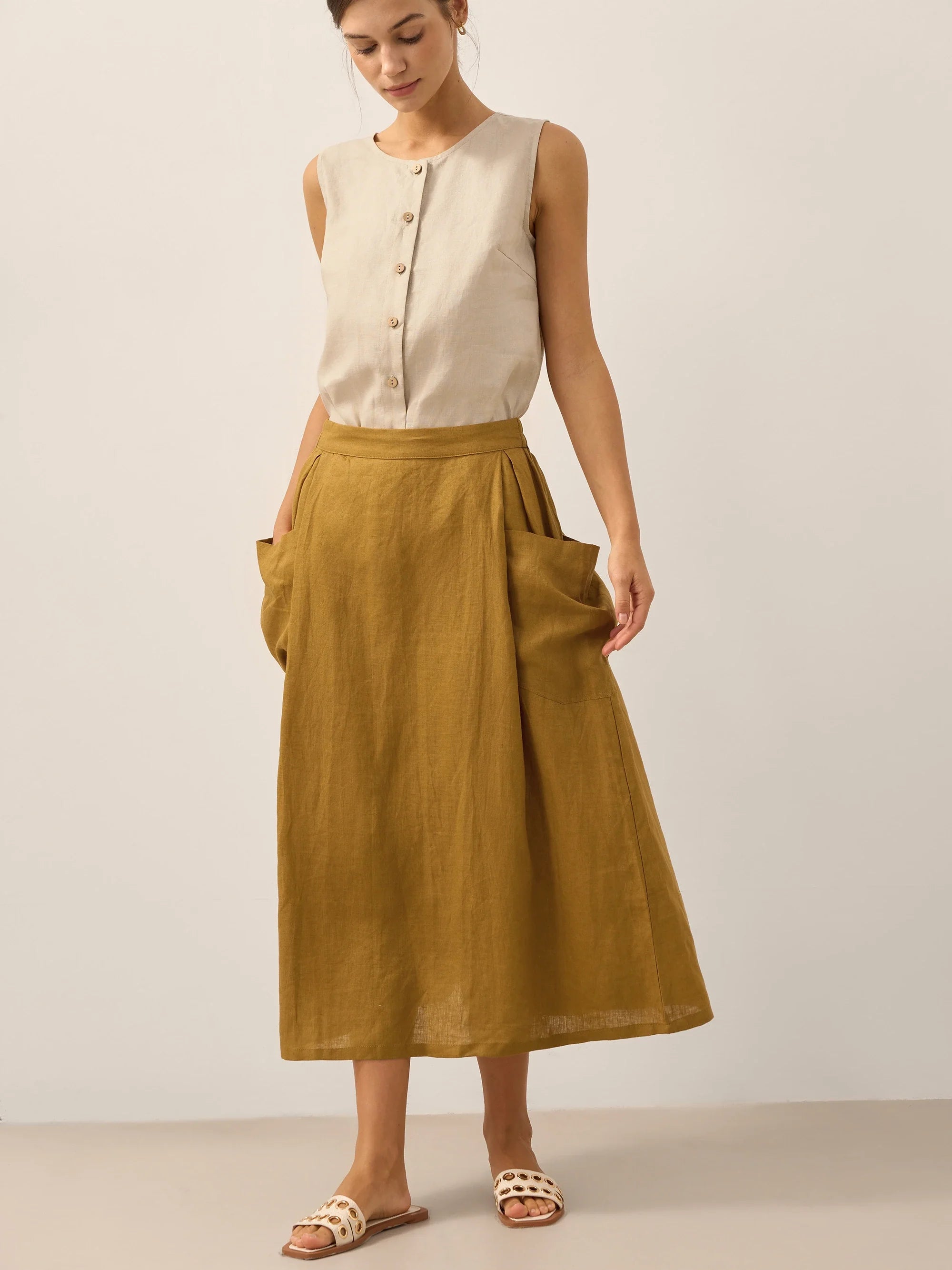 Linen Checked Elastic Waist Skirt ONYX
