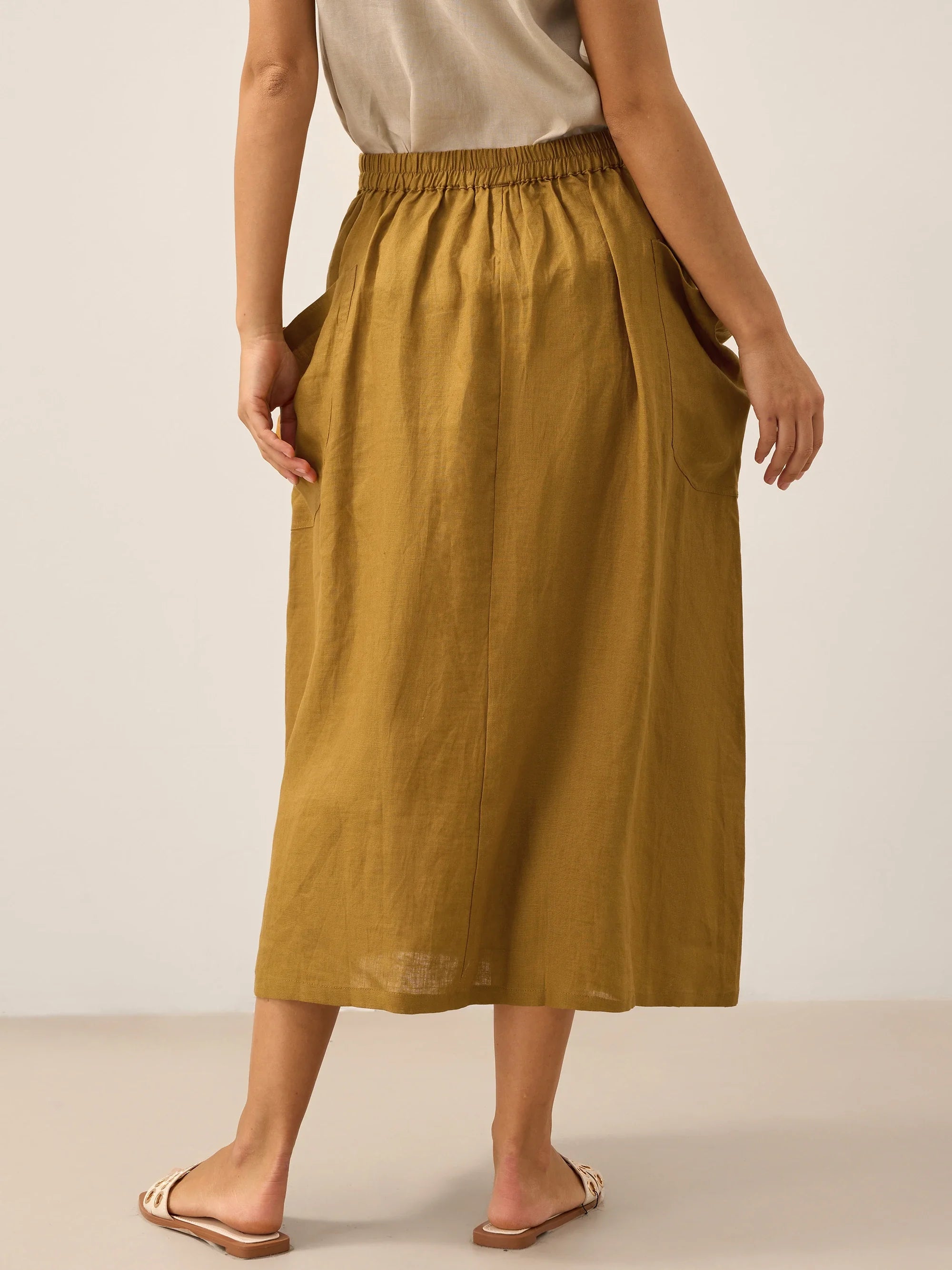 Linen Checked Elastic Waist Skirt ONYX