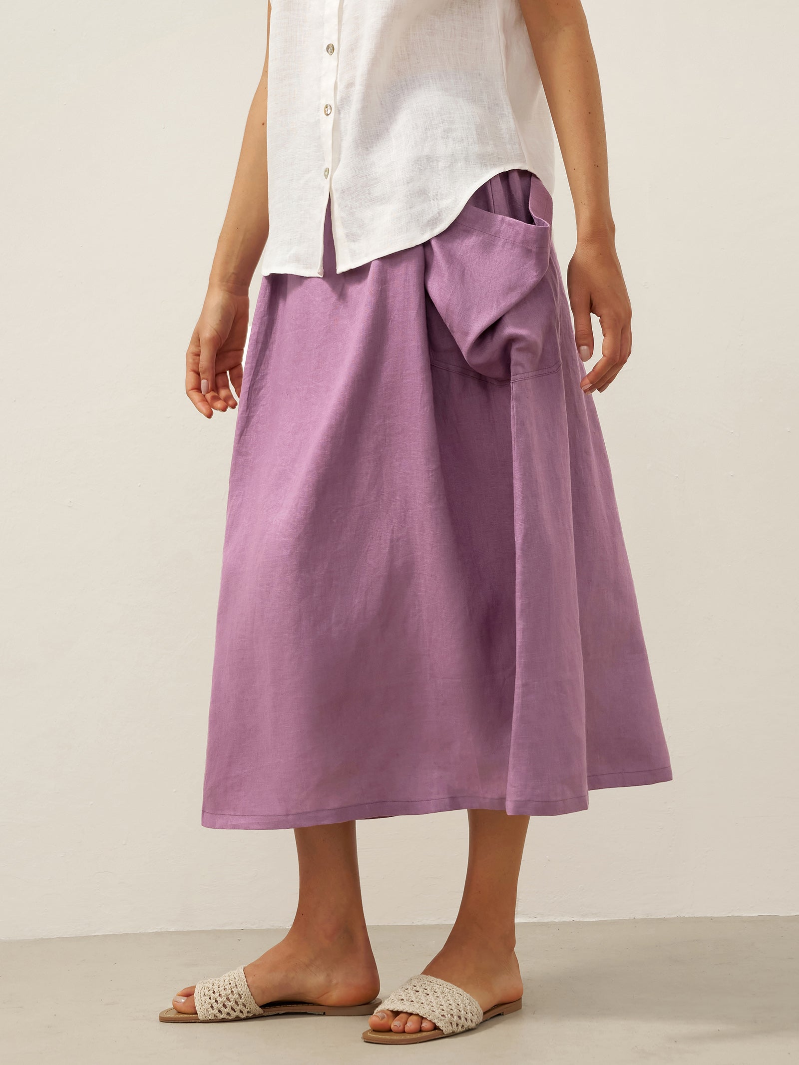 Linen Checked Elastic Waist Skirt ONYX