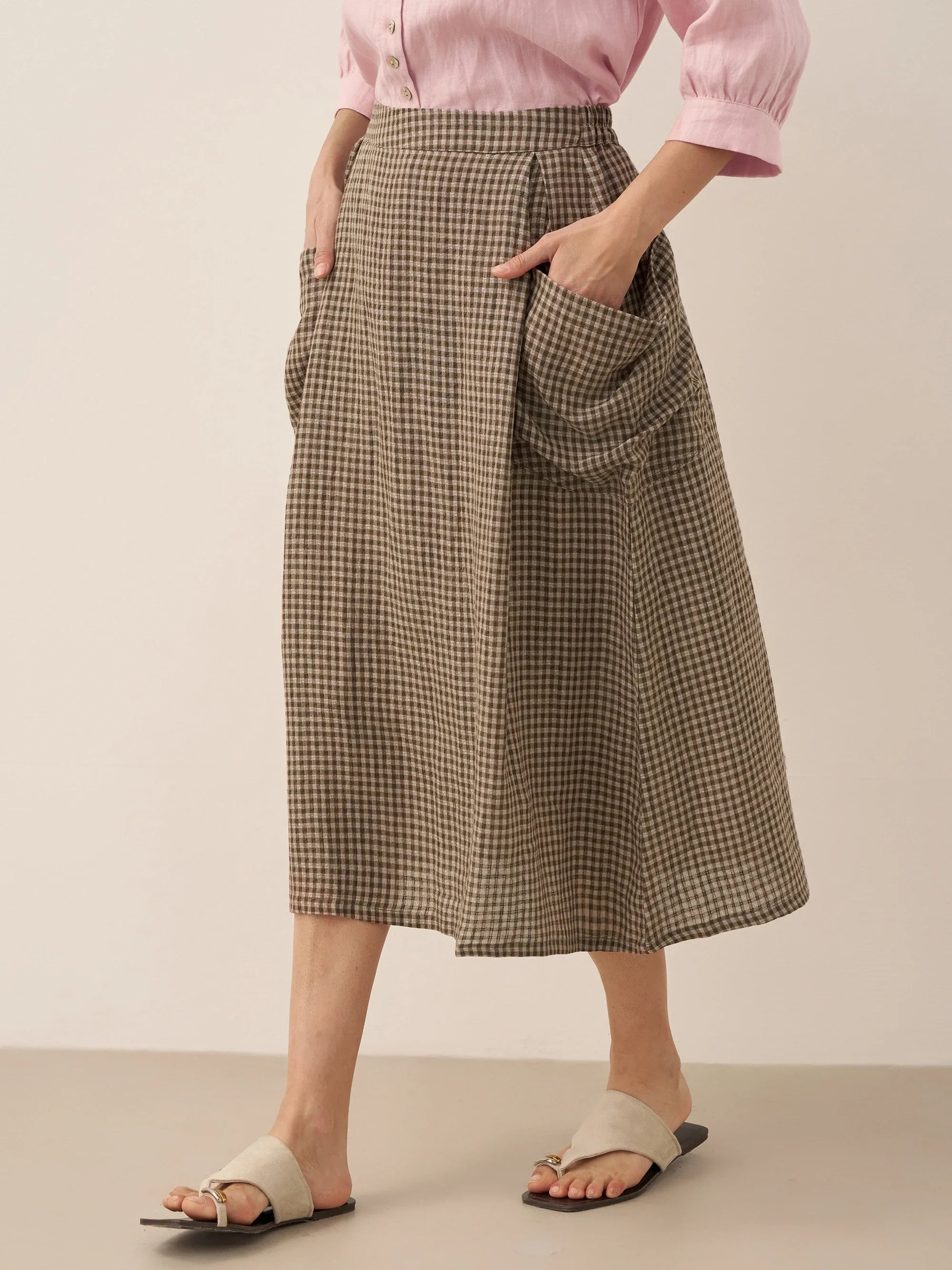 Linen Checked Elastic Waist Skirt ONYX