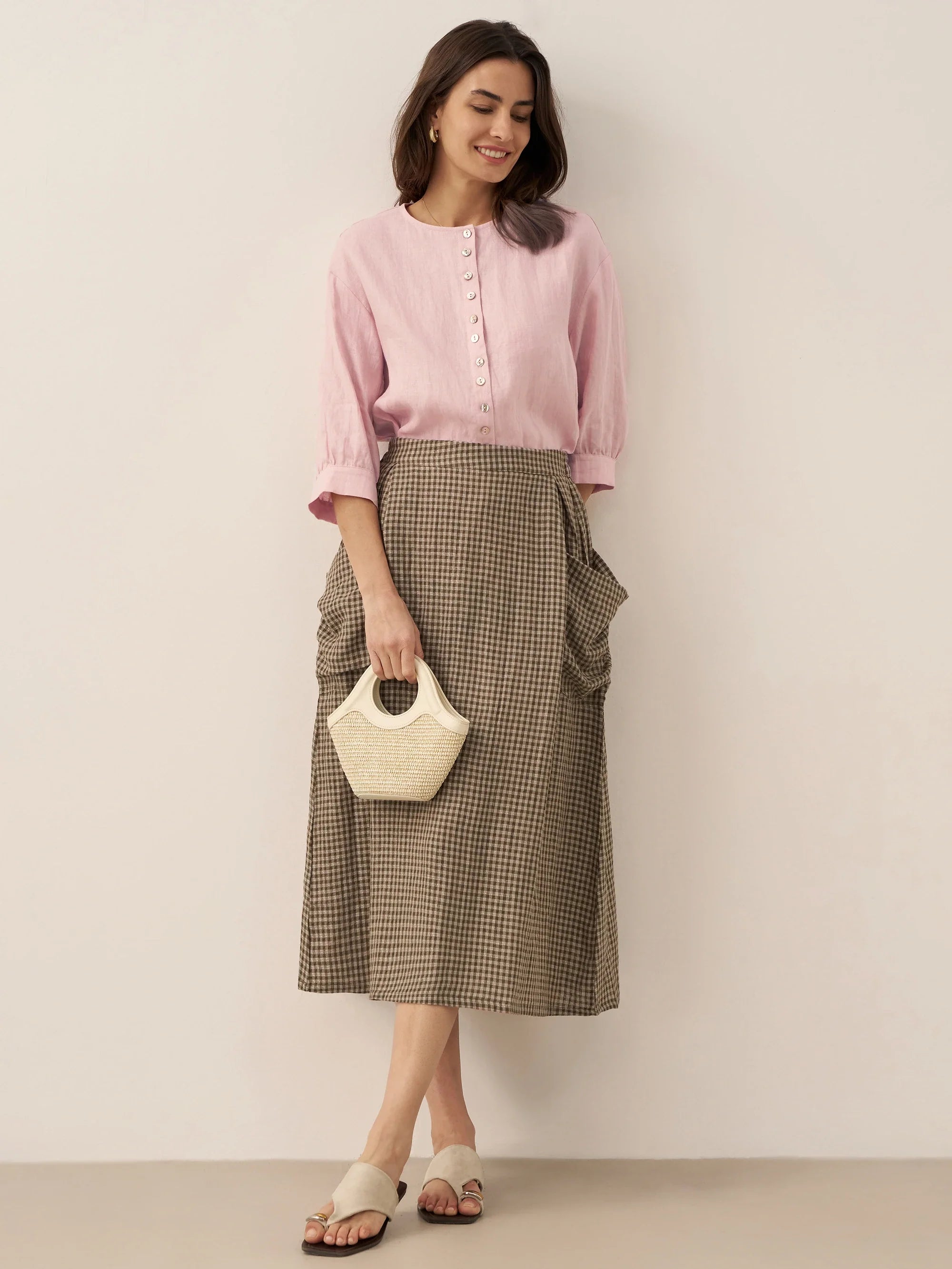 Linen Checked Elastic Waist Skirt ONYX