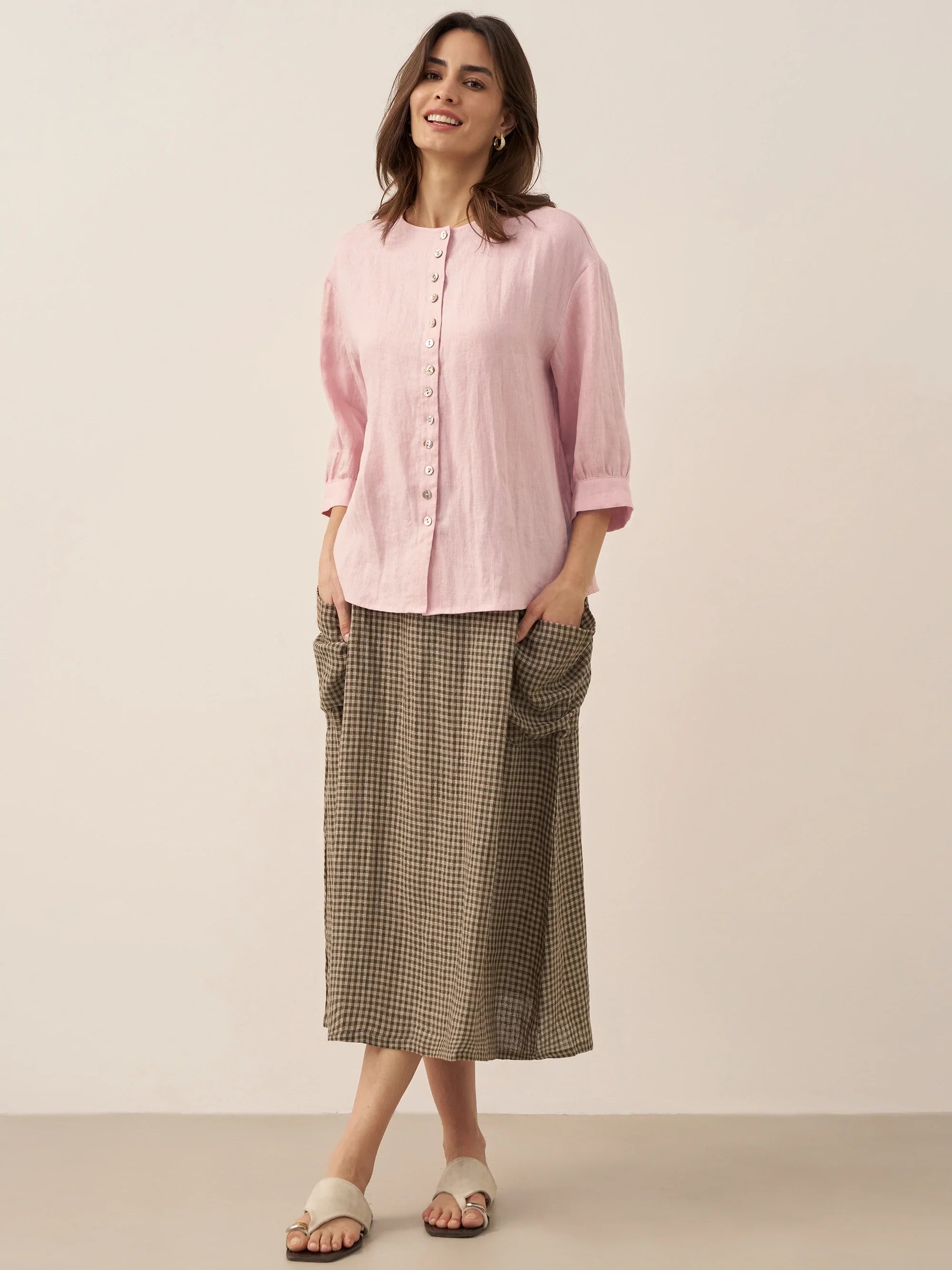 Linen Checked Elastic Waist Skirt ONYX