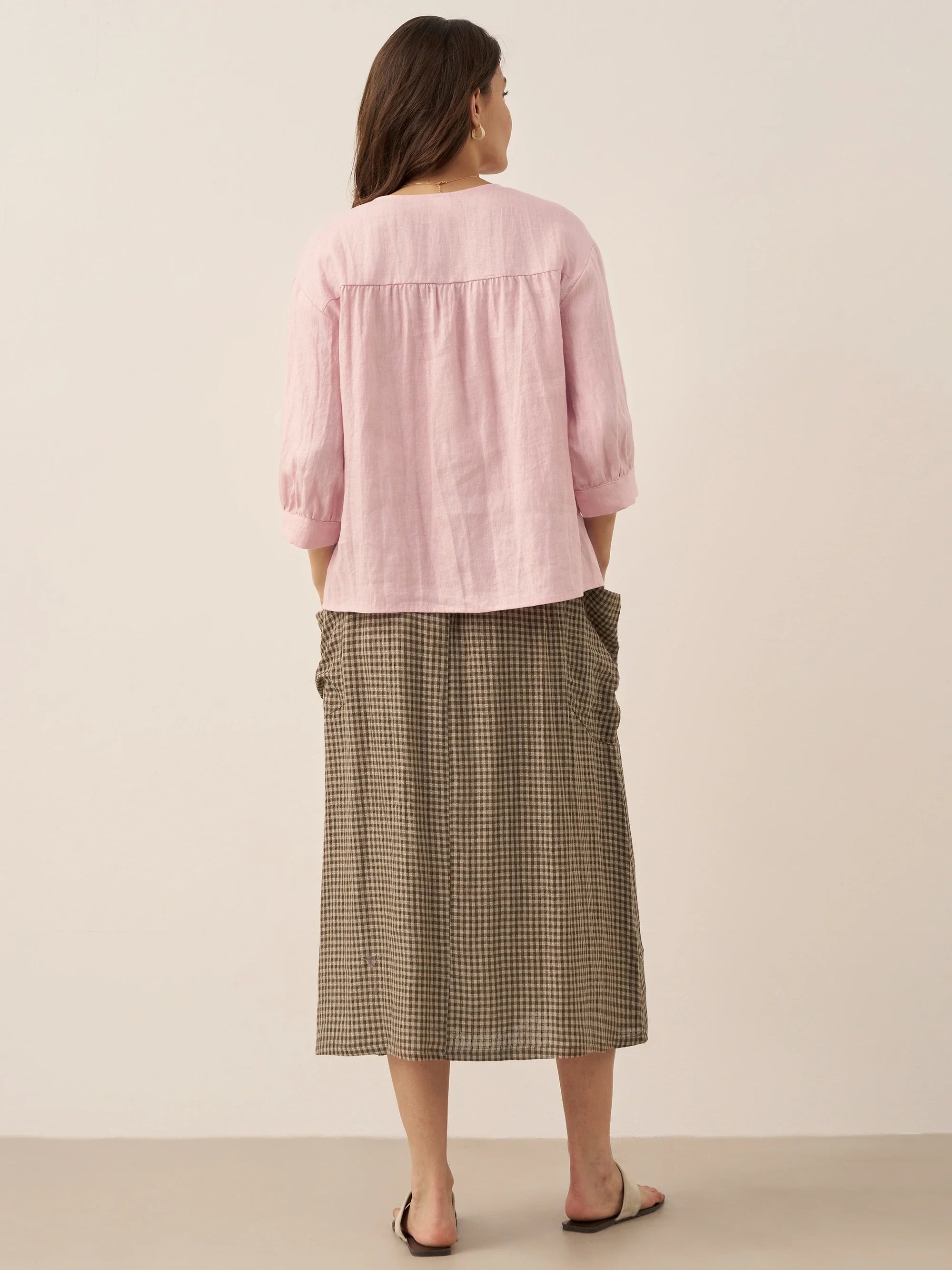 Linen Checked Elastic Waist Skirt ONYX
