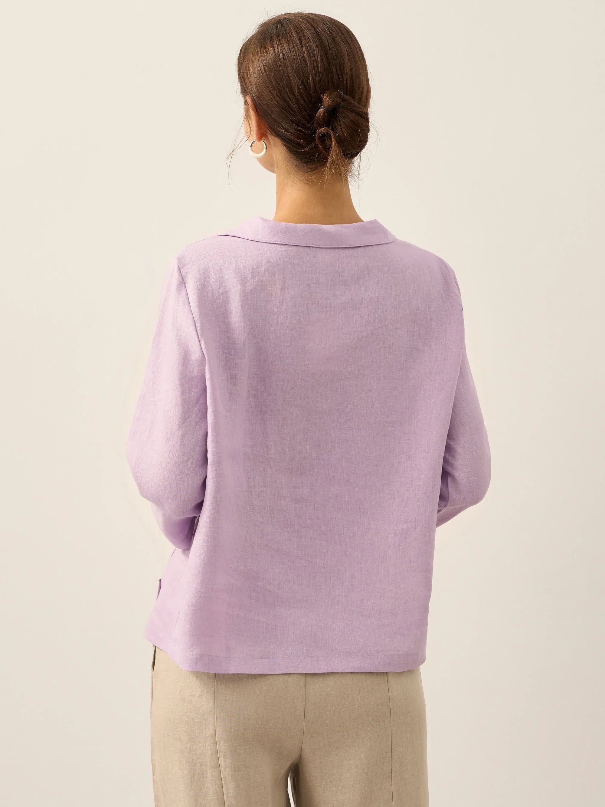 Linen Gingham Checked Round Soft-Fold Collar Top LAURA