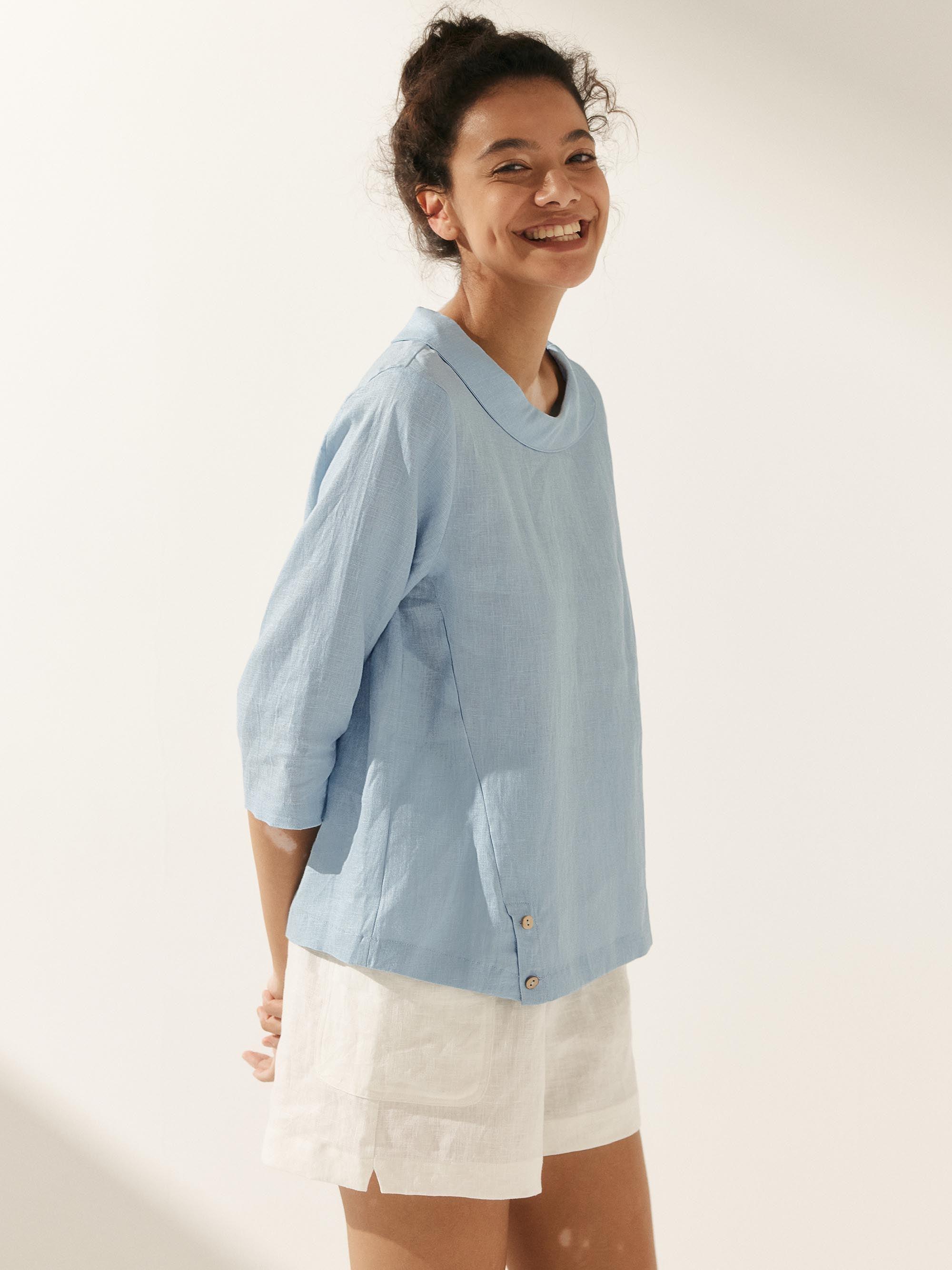 Linen Gingham Checked Round Soft-Fold Collar Top LAURA