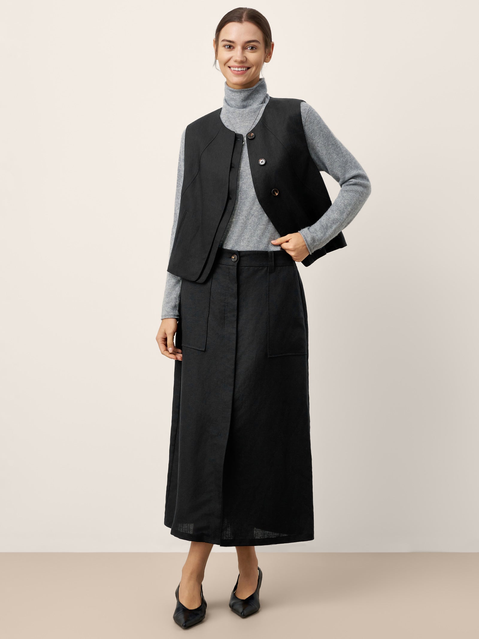 Linen-Lyocell Patch Pocket Placket Skirt LYRA