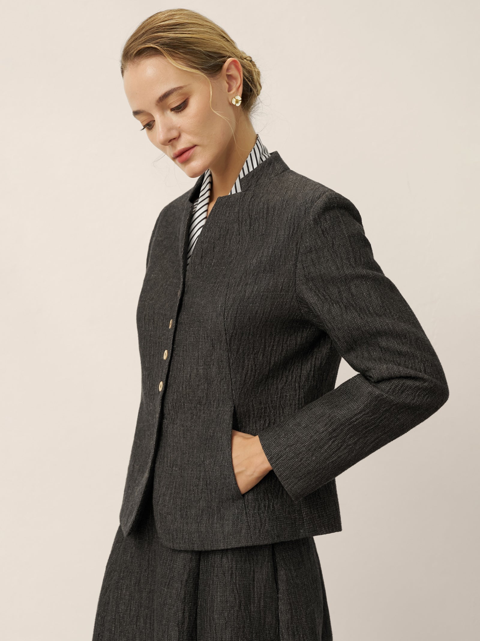 Linen Mandarin Collar Button-Up Shirt Jacket KIMBERLY