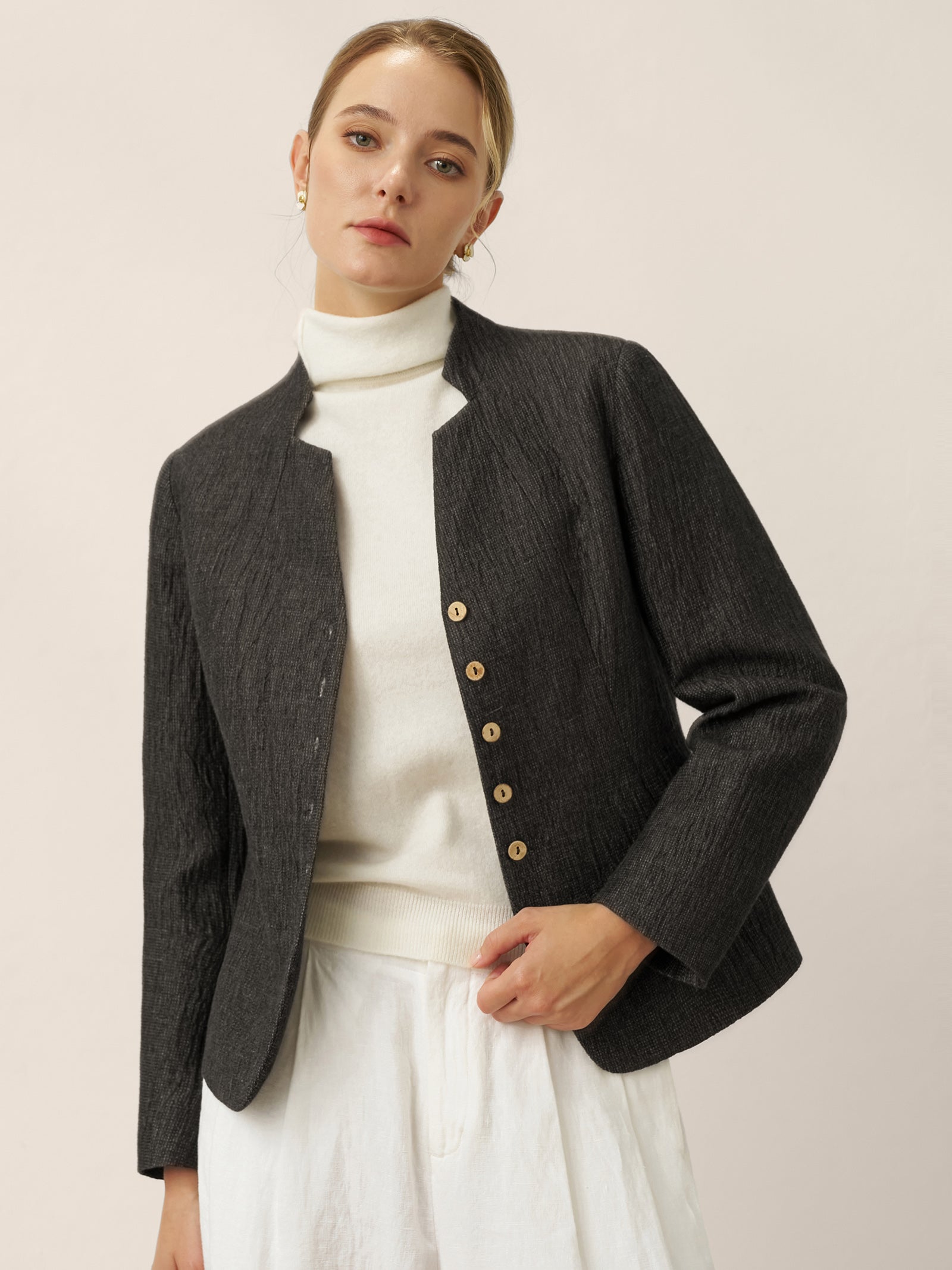 Linen Mandarin Collar Button-Up Shirt Jacket KIMBERLY
