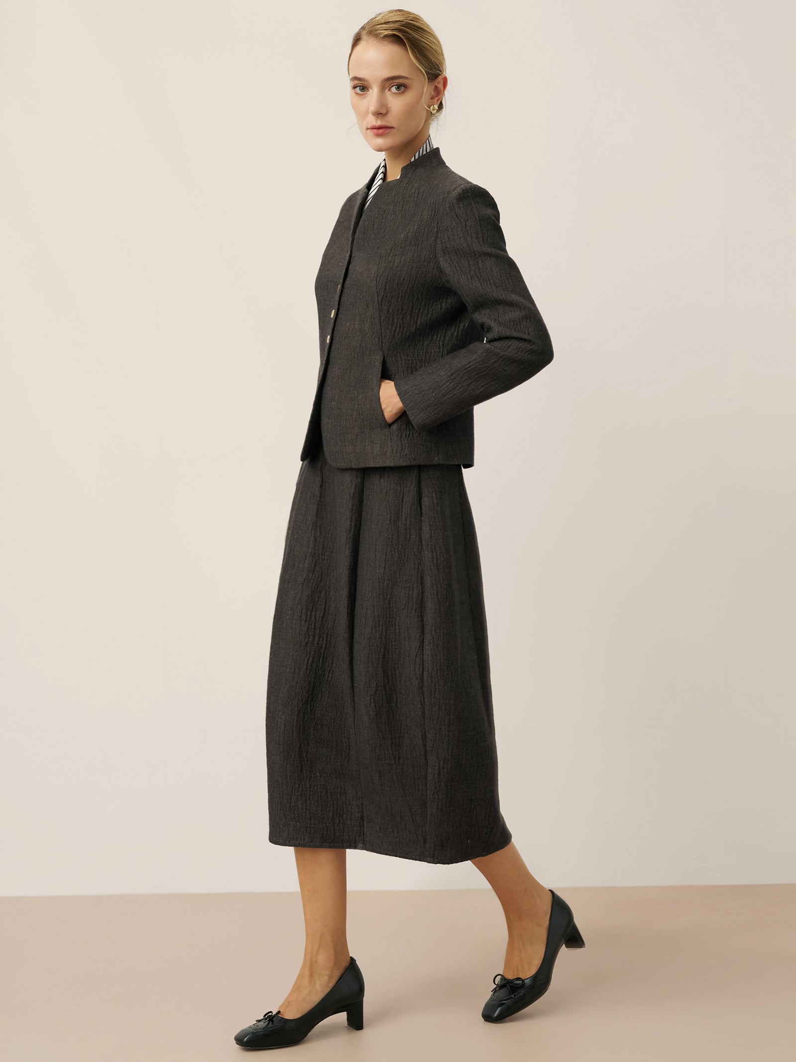 Linen Mandarin Collar Button-Up Shirt Jacket KIMBERLY