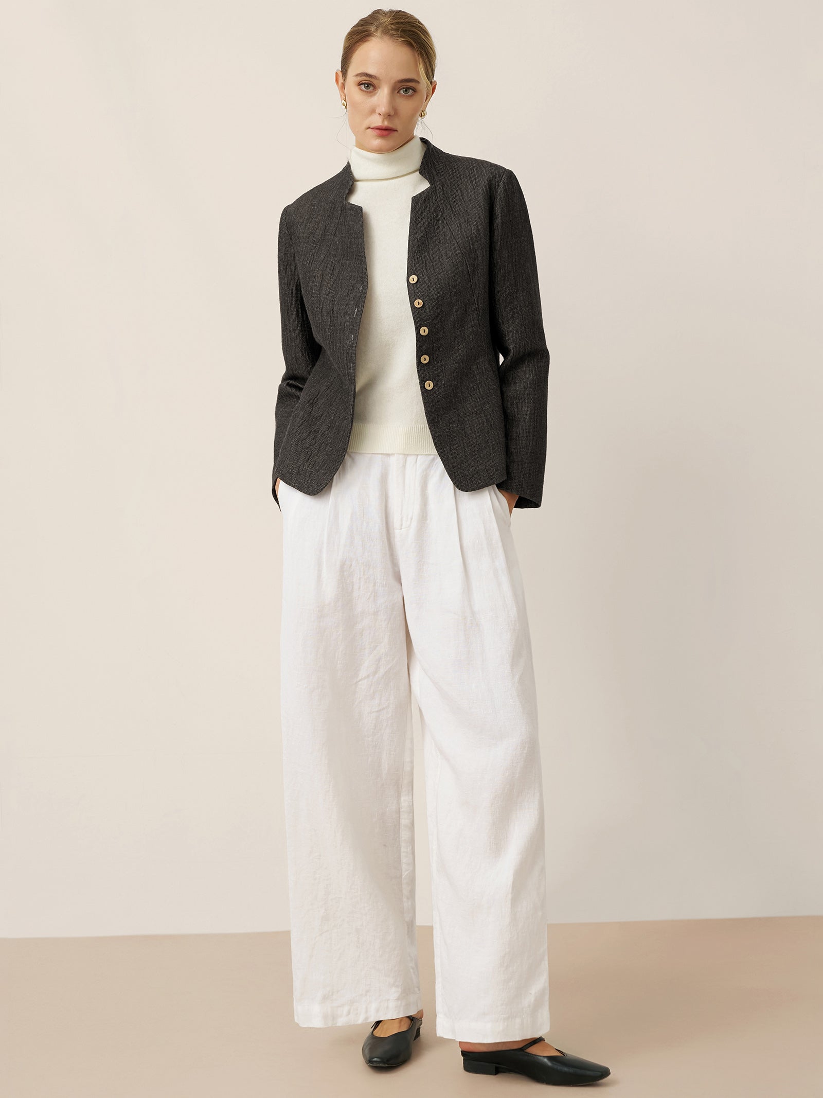 Linen Mandarin Collar Button-Up Shirt Jacket KIMBERLY