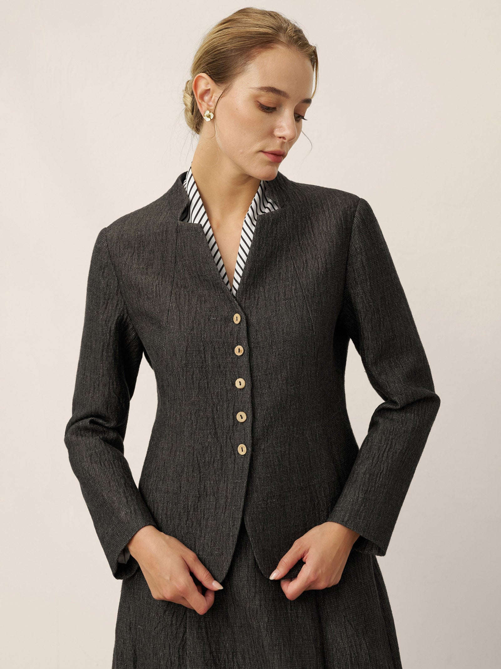 Linen Mandarin Collar Button-Up Shirt Jacket KIMBERLY