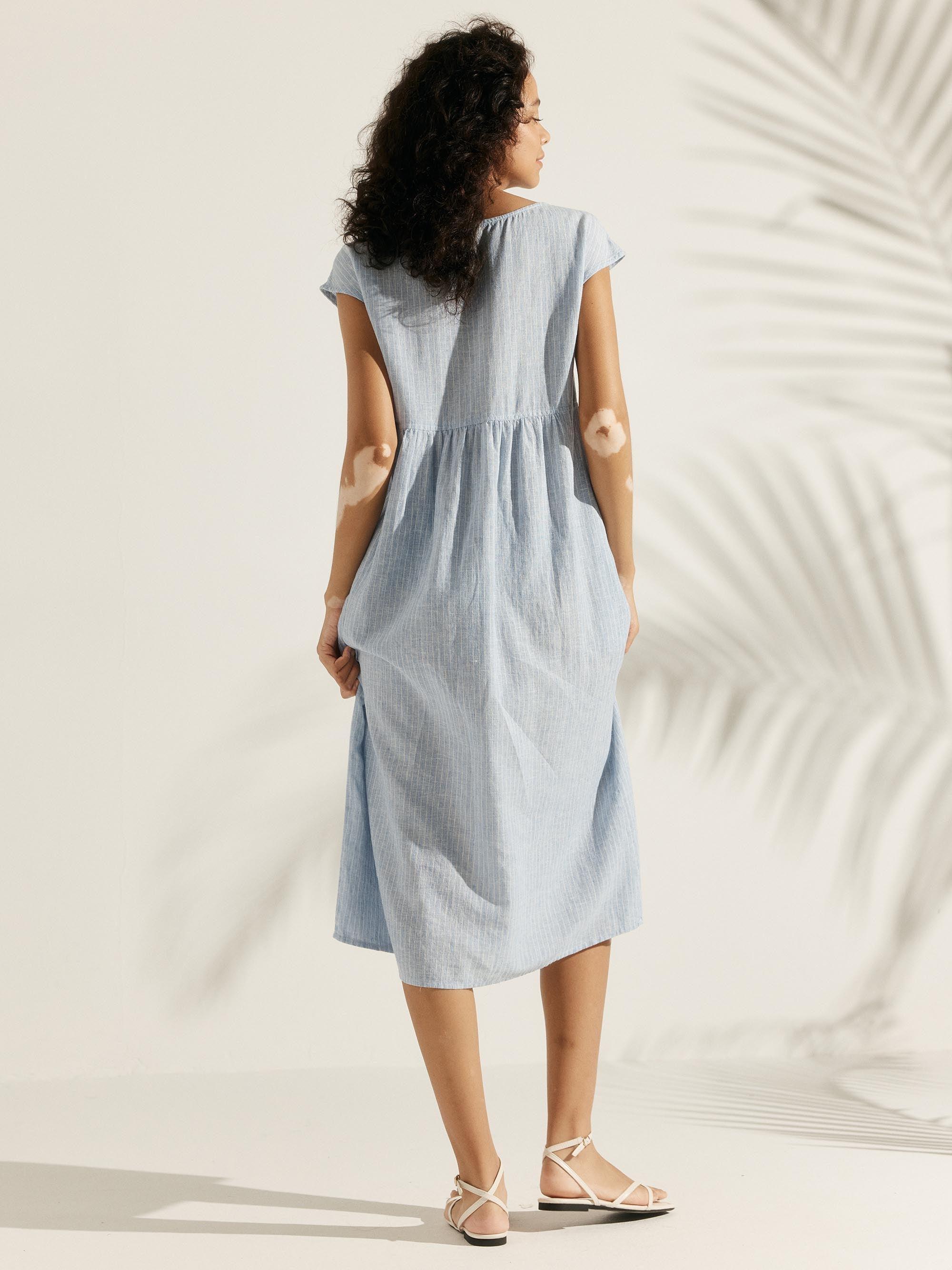 Linen Striped Cap Sleeve Washed Maxi Dress JOAN