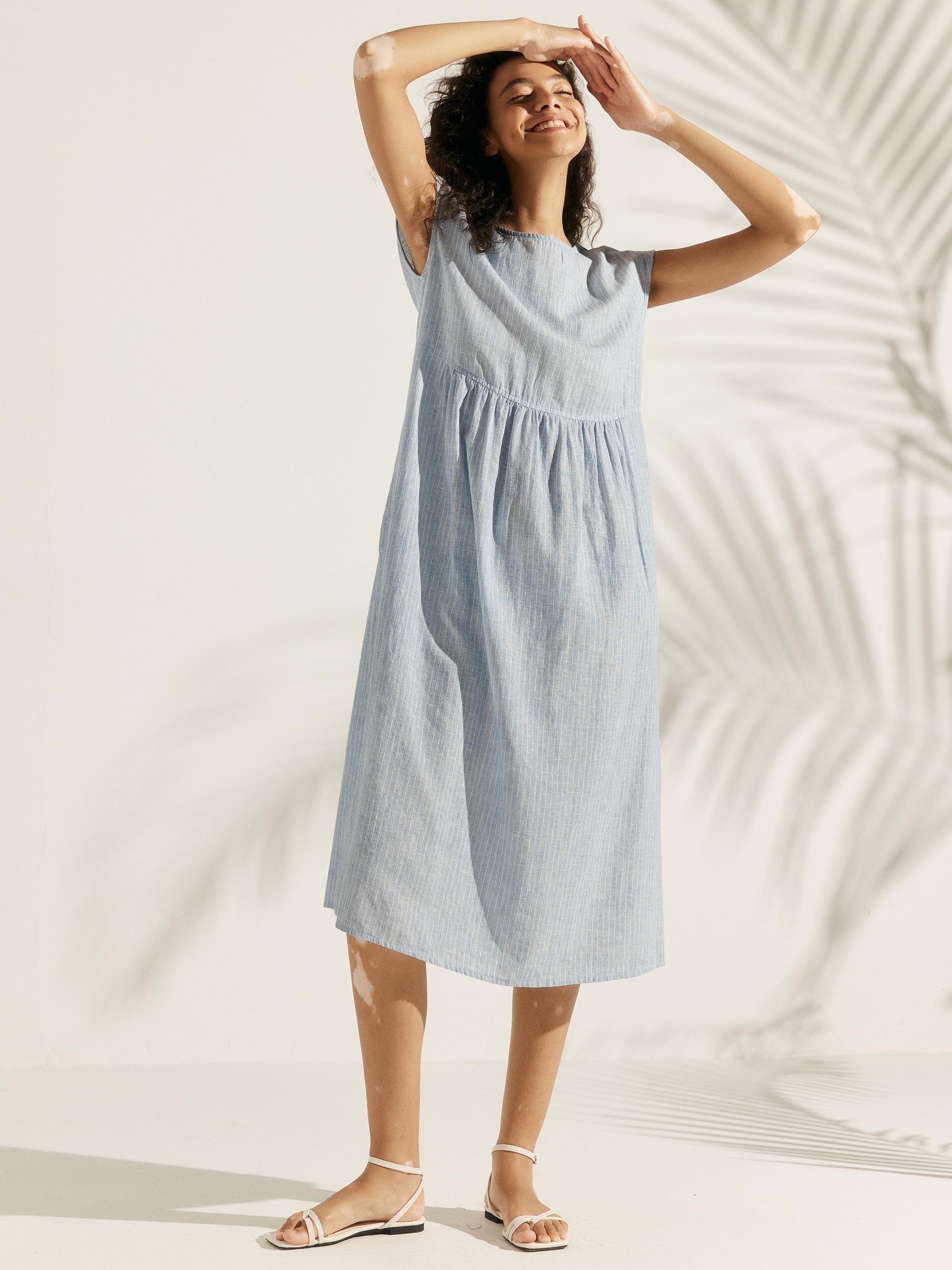 Linen Striped Cap Sleeve Washed Maxi Dress JOAN