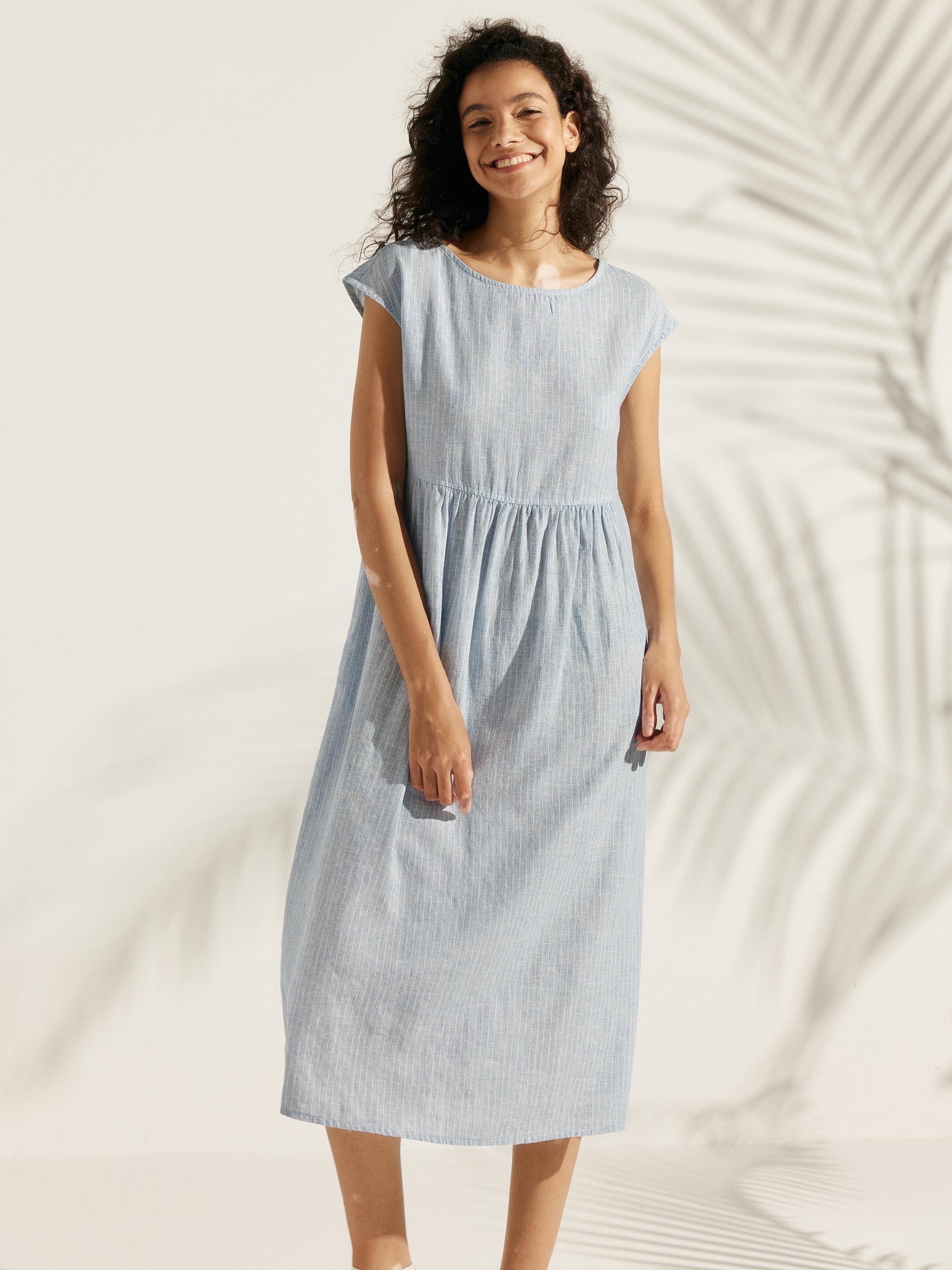 Linen Striped Cap Sleeve Washed Maxi Dress JOAN