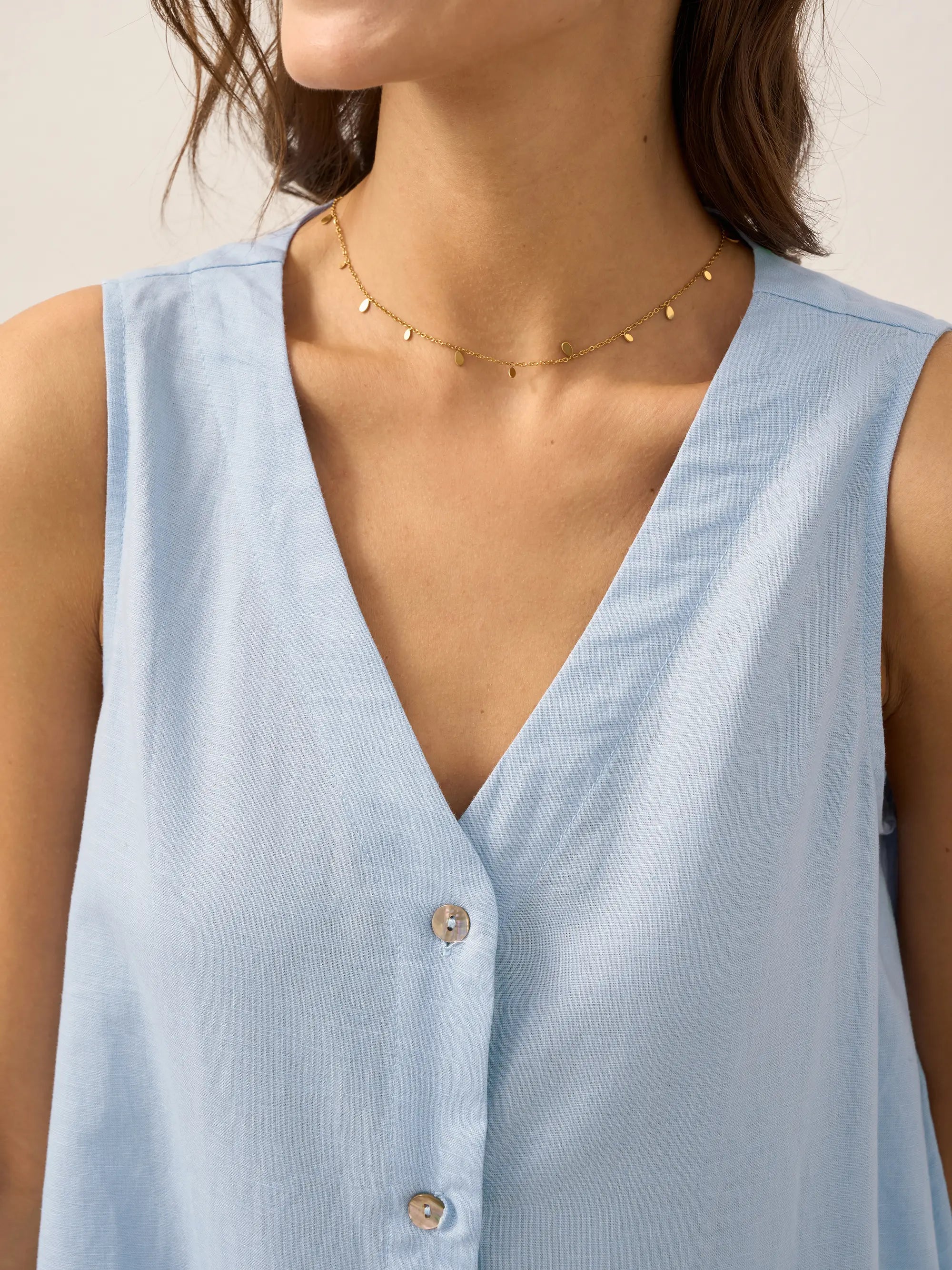 Linen Vacation Sleeveless V-Neck Mid-Length Dress CELINE