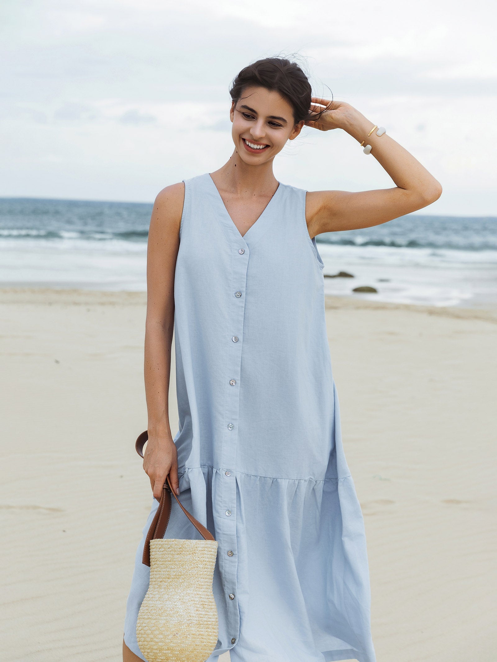 Linen Vacation Sleeveless V-Neck Mid-Length Dress CELINE
