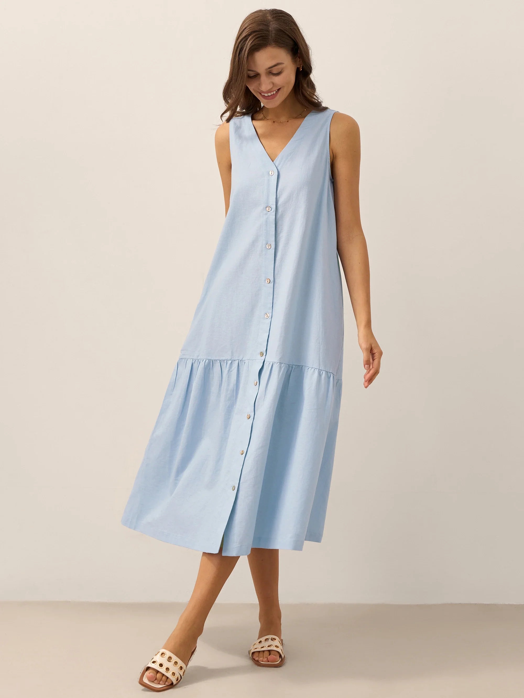 Linen Vacation Sleeveless V-Neck Mid-Length Dress CELINE