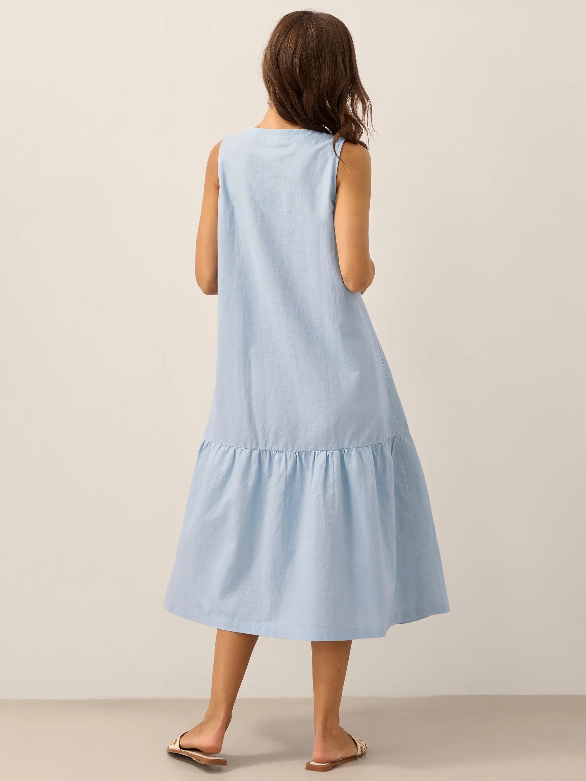Linen Vacation Sleeveless V-Neck Mid-Length Dress CELINE