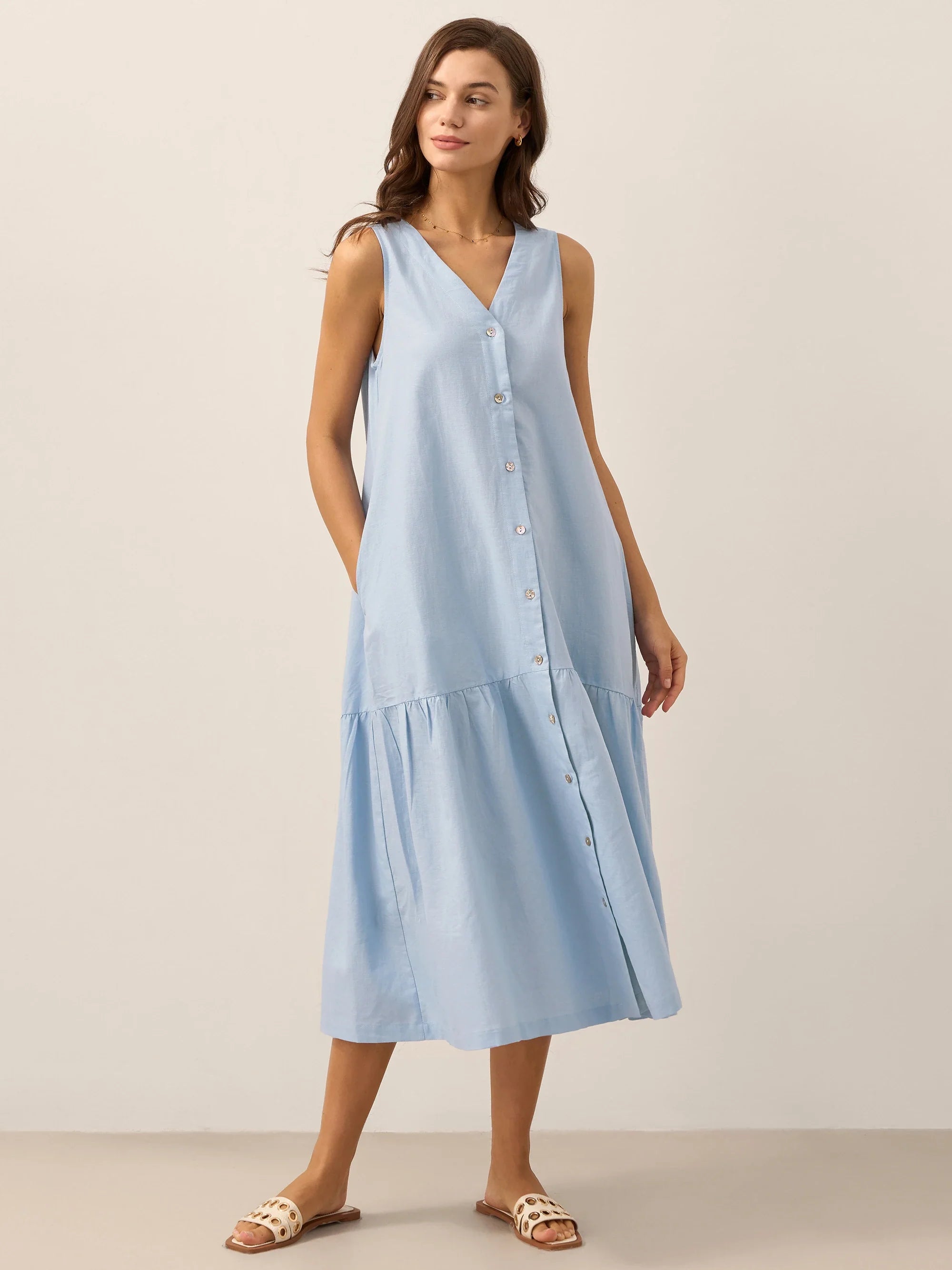 Linen Vacation Sleeveless V-Neck Mid-Length Dress CELINE